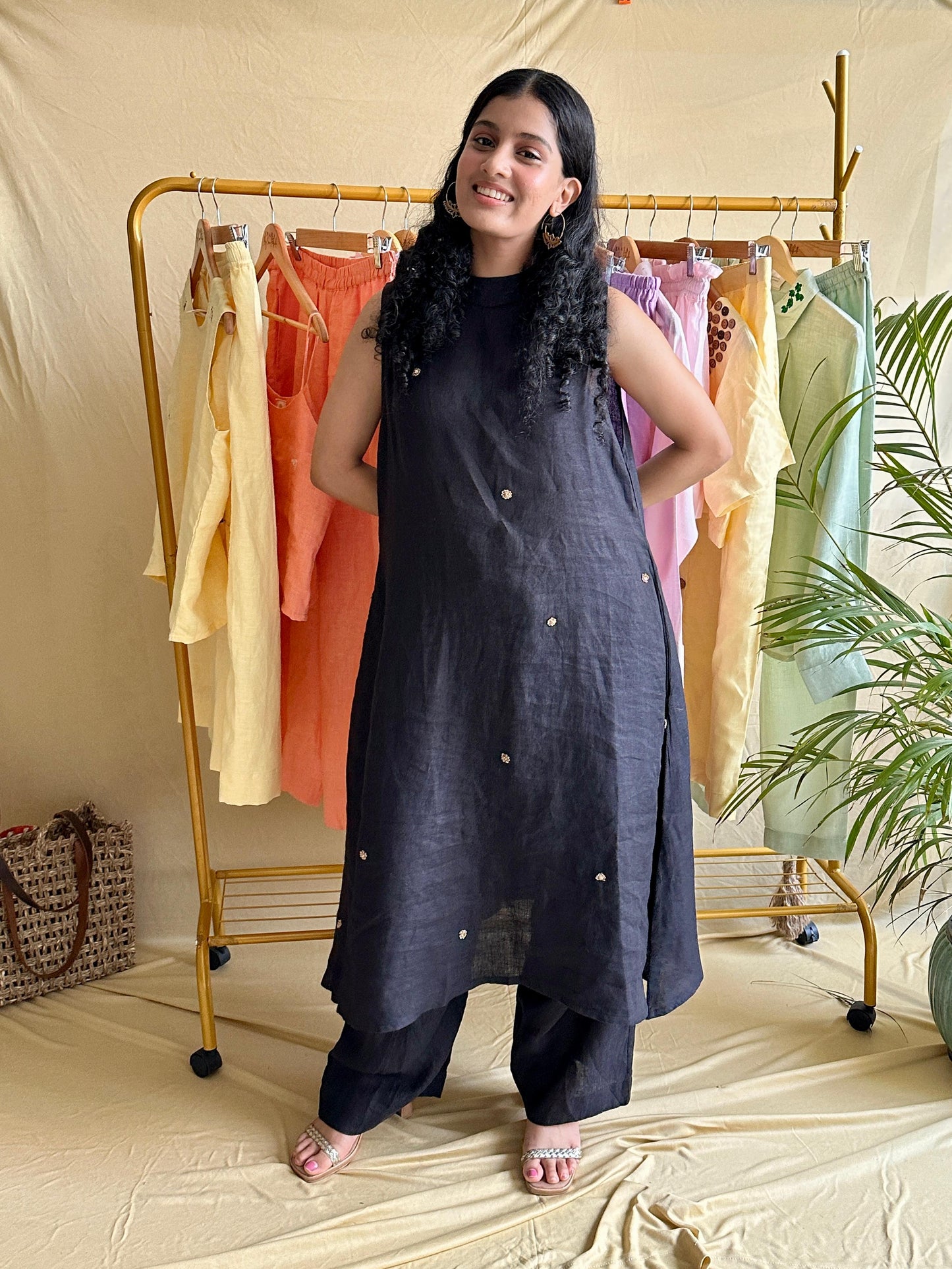 Black Linen Kurti Set with zardosi work