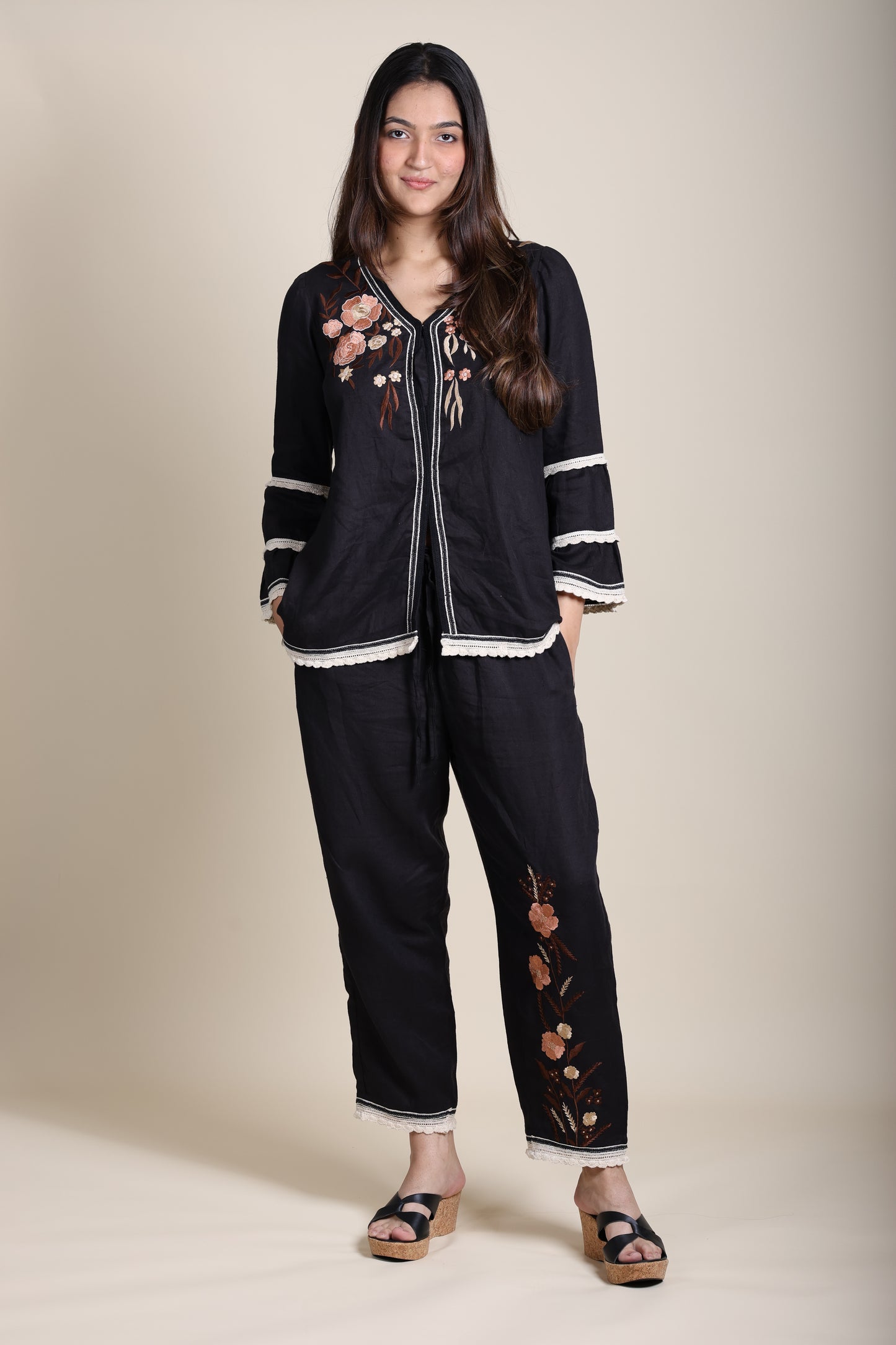 Linen Embroidered Crochet Coord Set