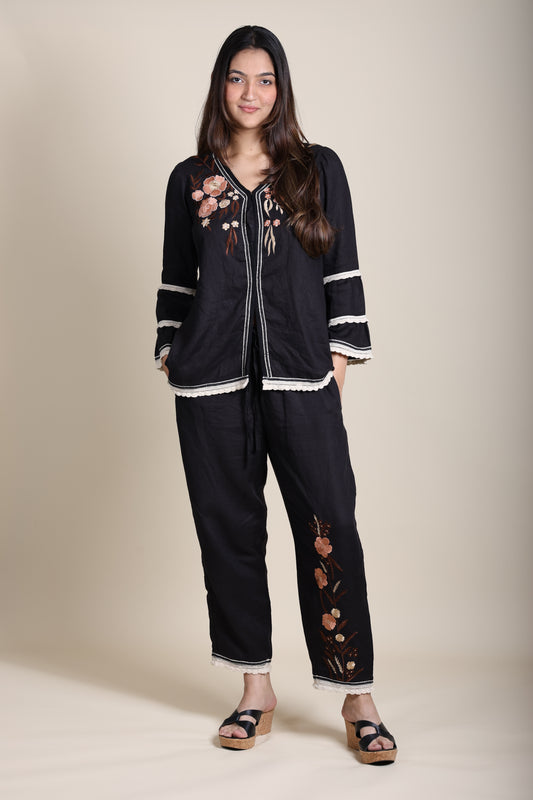Linen Embroidered Crochet Coord Set