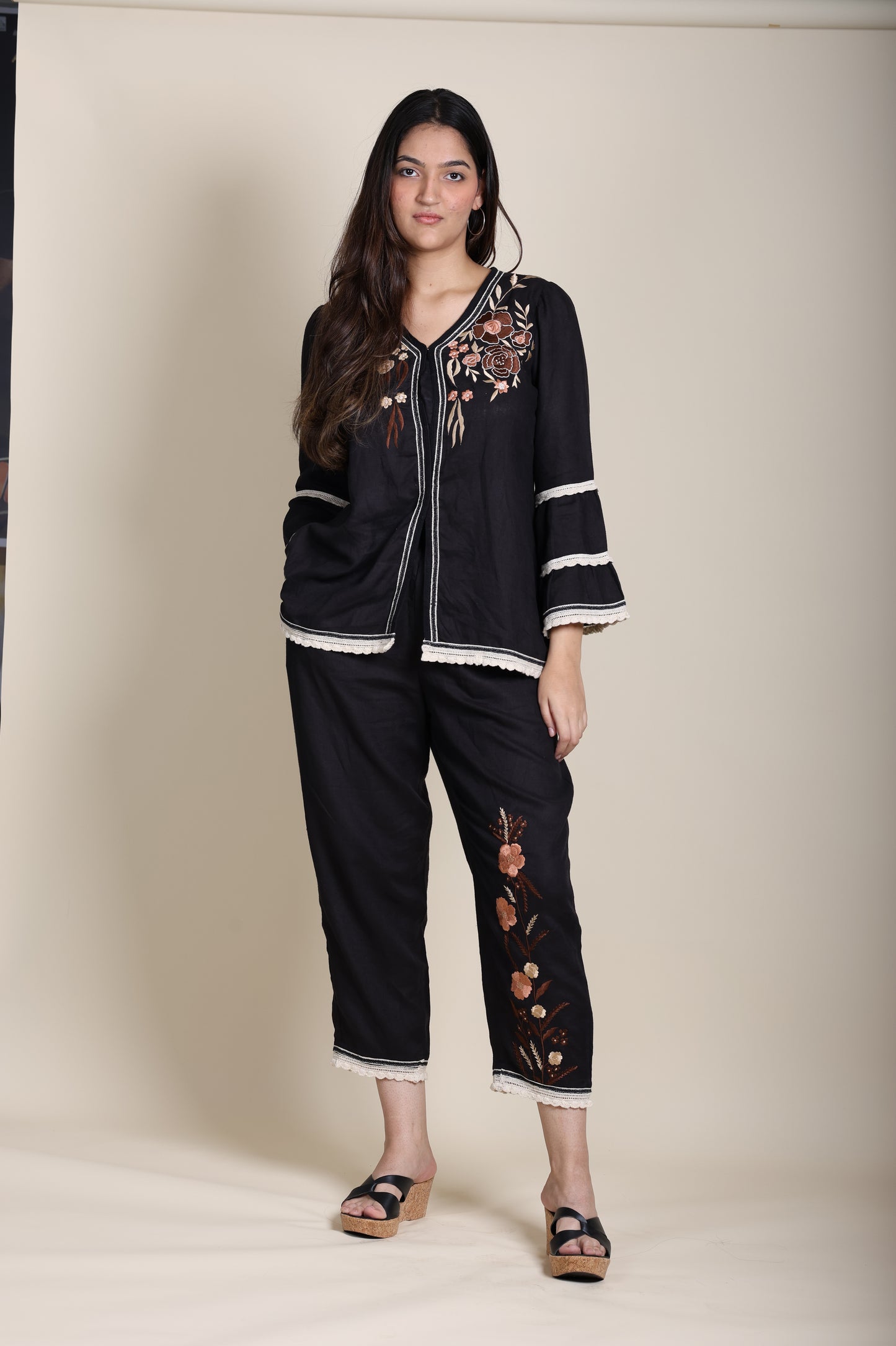 Linen Embroidered Crochet Coord Set