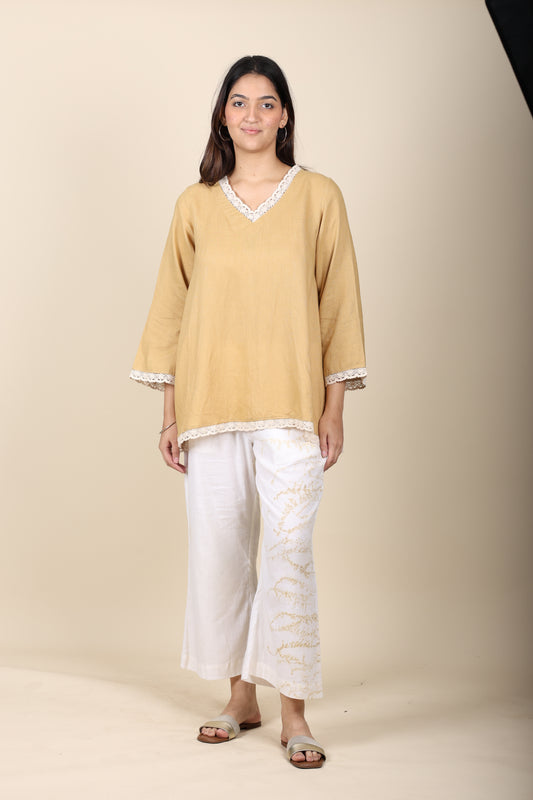 Khaki Linen crochet top with eco print cotton pant set