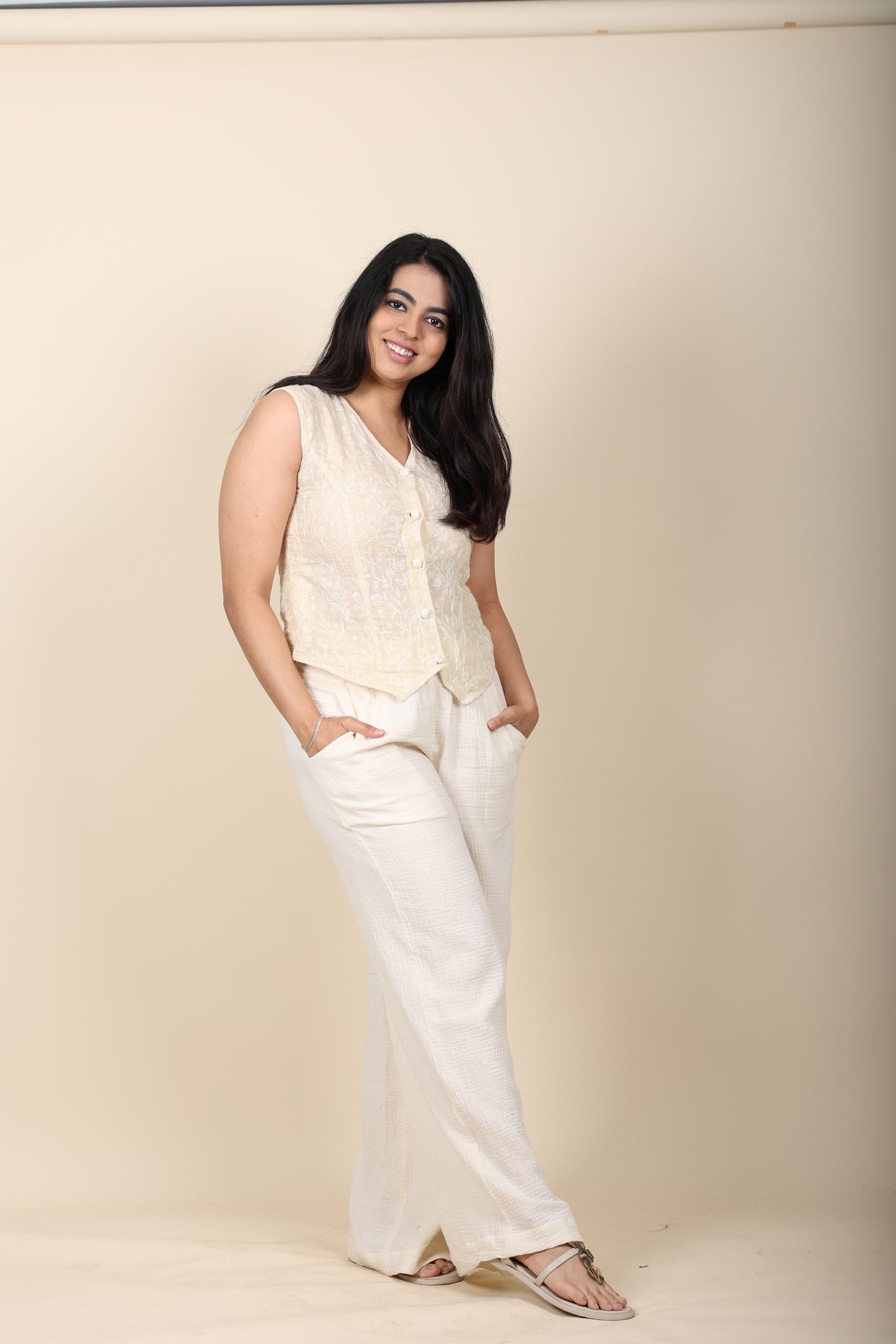 Linen Embroidered Top with Cotton Gauze Pants