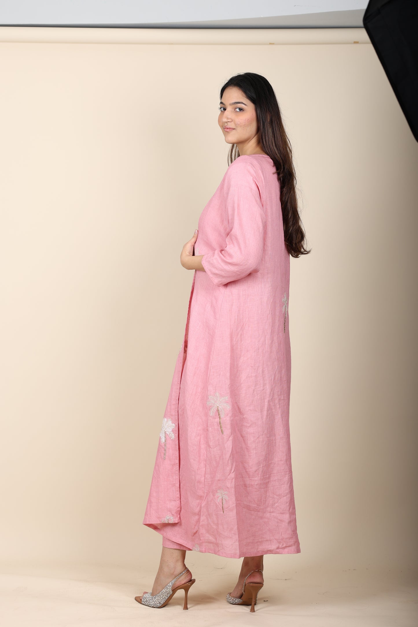 Pink Linen Jacket & Pant Coord with Embroidery
