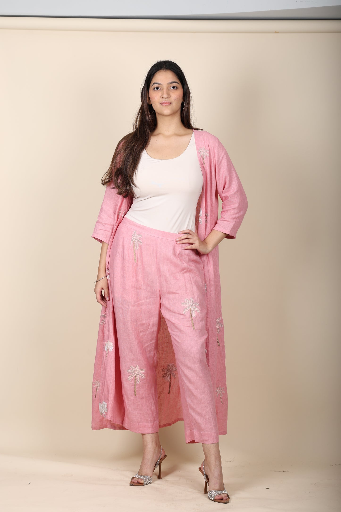 Pink Linen Jacket & Pant Coord with Embroidery