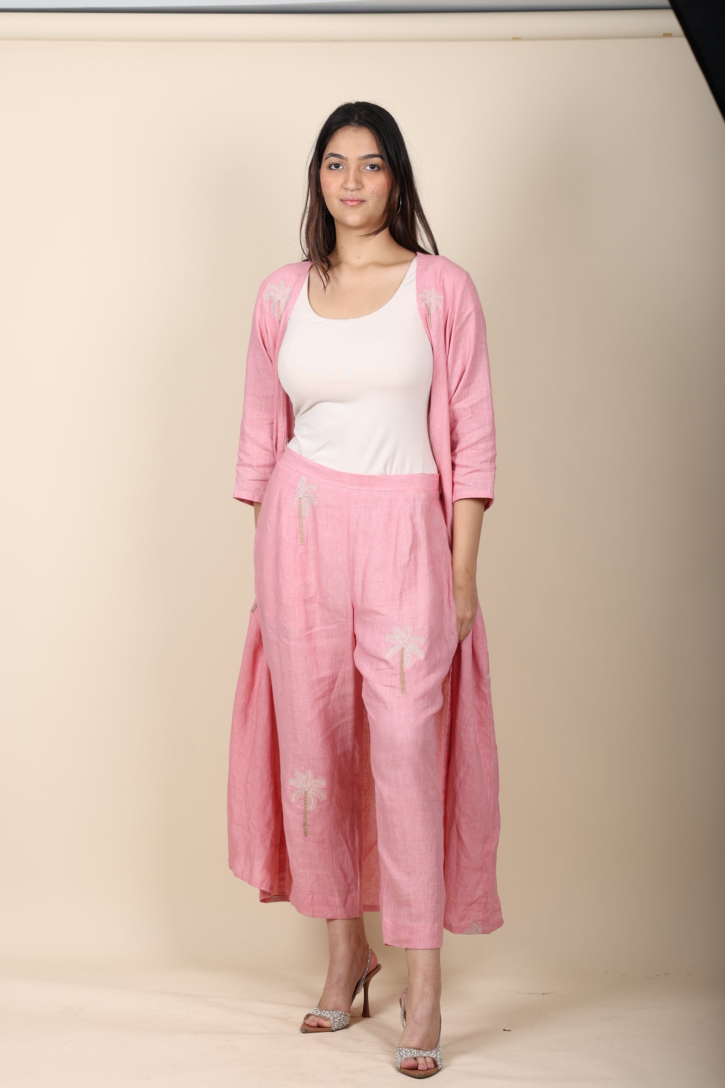 Pink Linen Jacket & Pant Coord with Embroidery