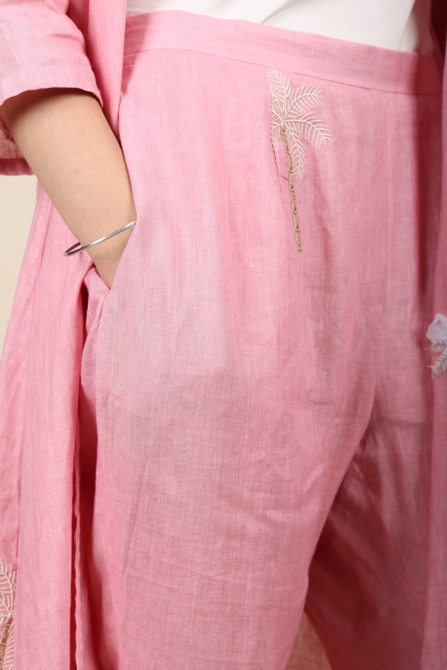Pink Linen Jacket & Pant Coord with Embroidery