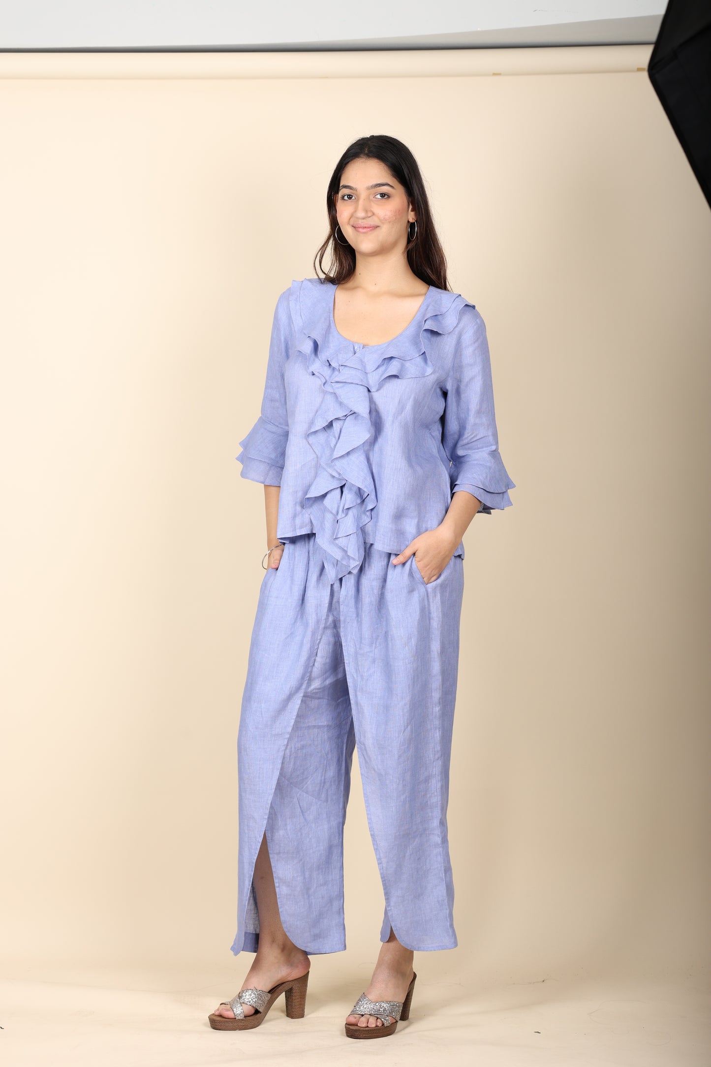 Blue Linen Frill Coord Set