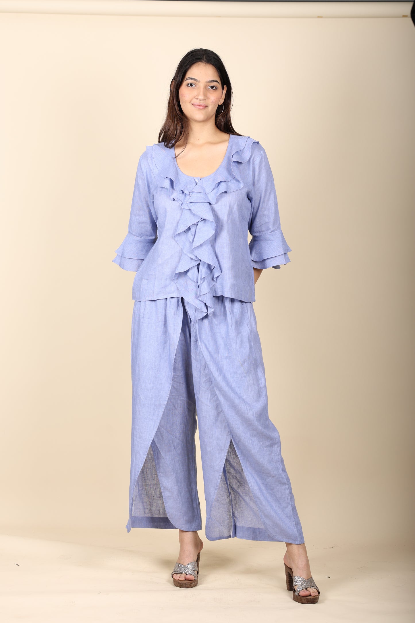 Blue Linen Frill Coord Set
