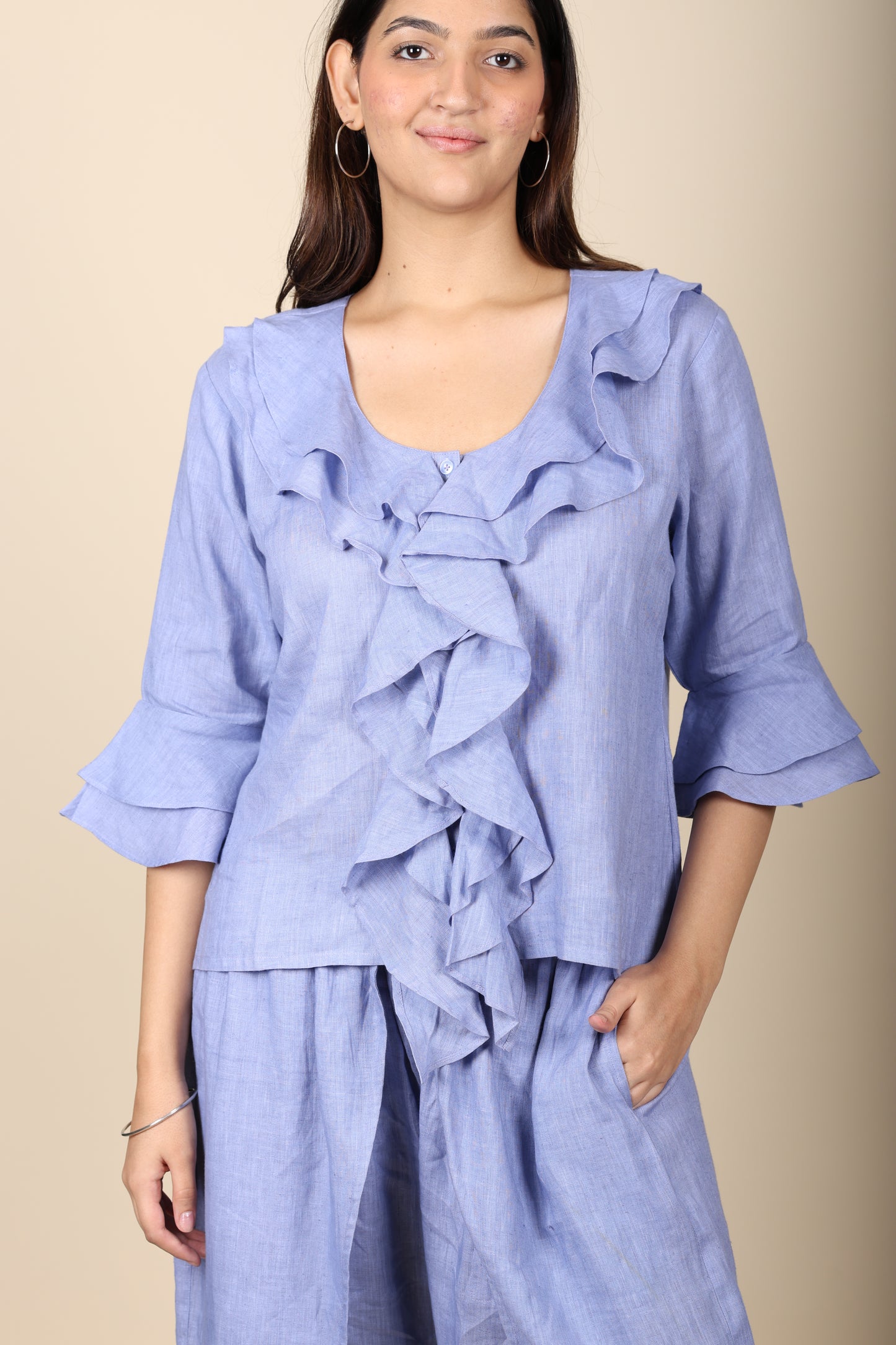 Blue Linen Frill Coord Set
