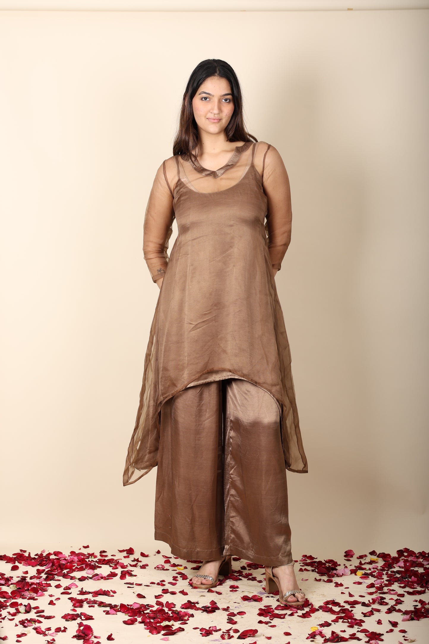 Women’s Brown Organza Satin Co-ord Set