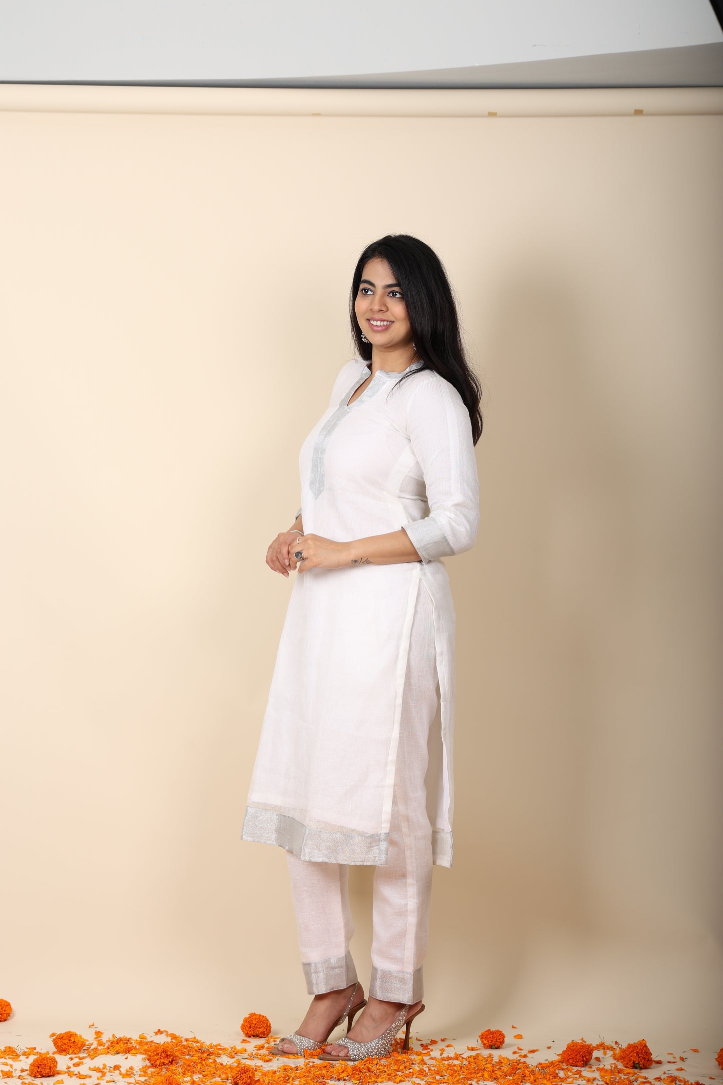 Linen Zari Coord Set White