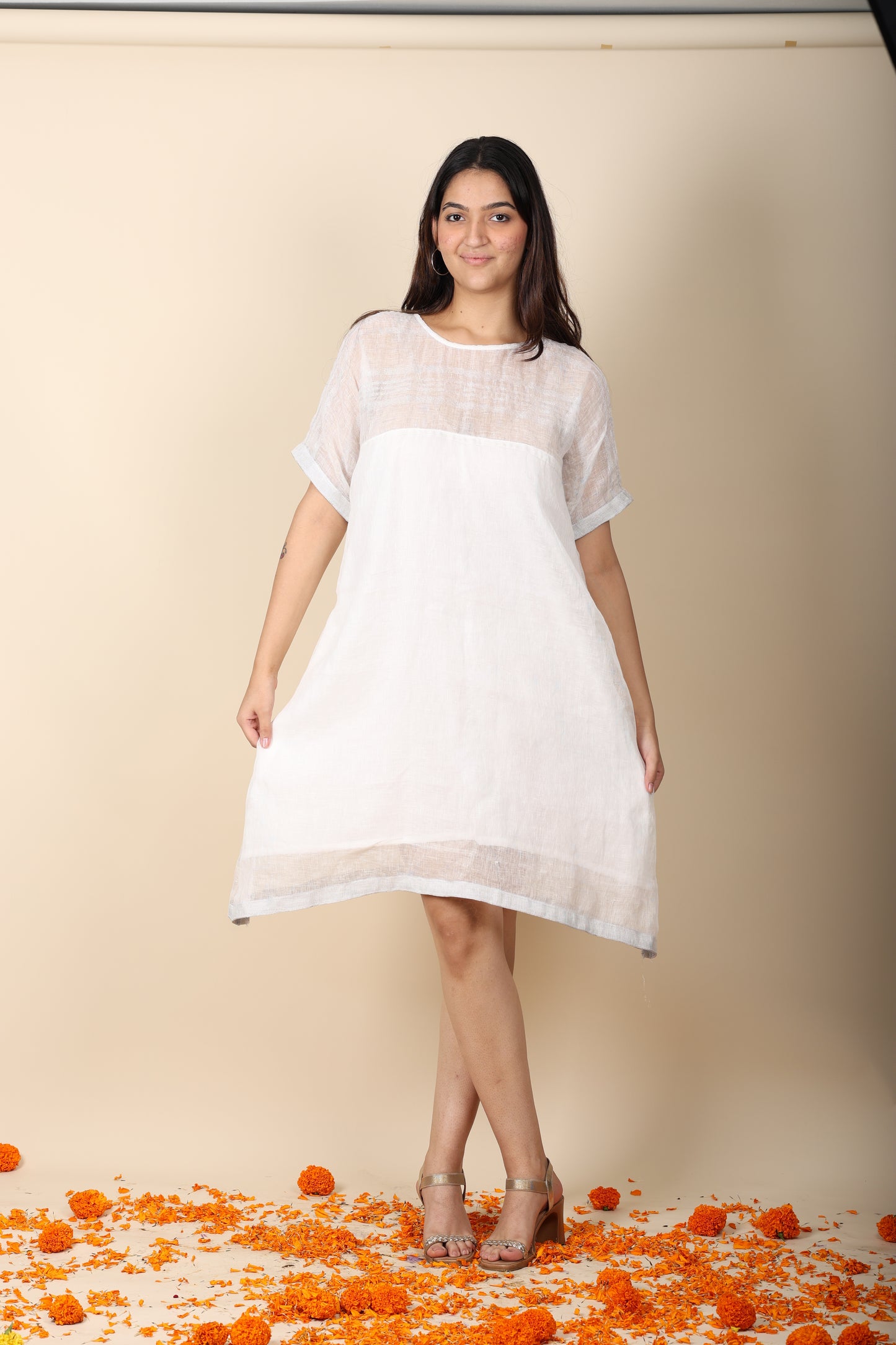 Linen Zari Dress | Elegant White Zari Border Dress for Women