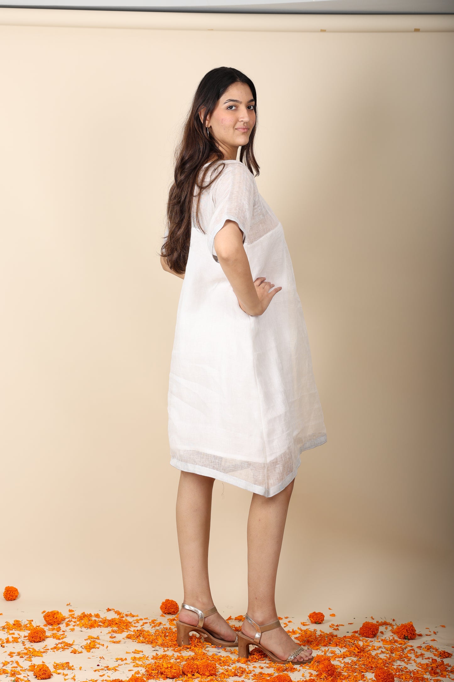 Linen Zari Dress | Elegant White Zari Border Dress for Women