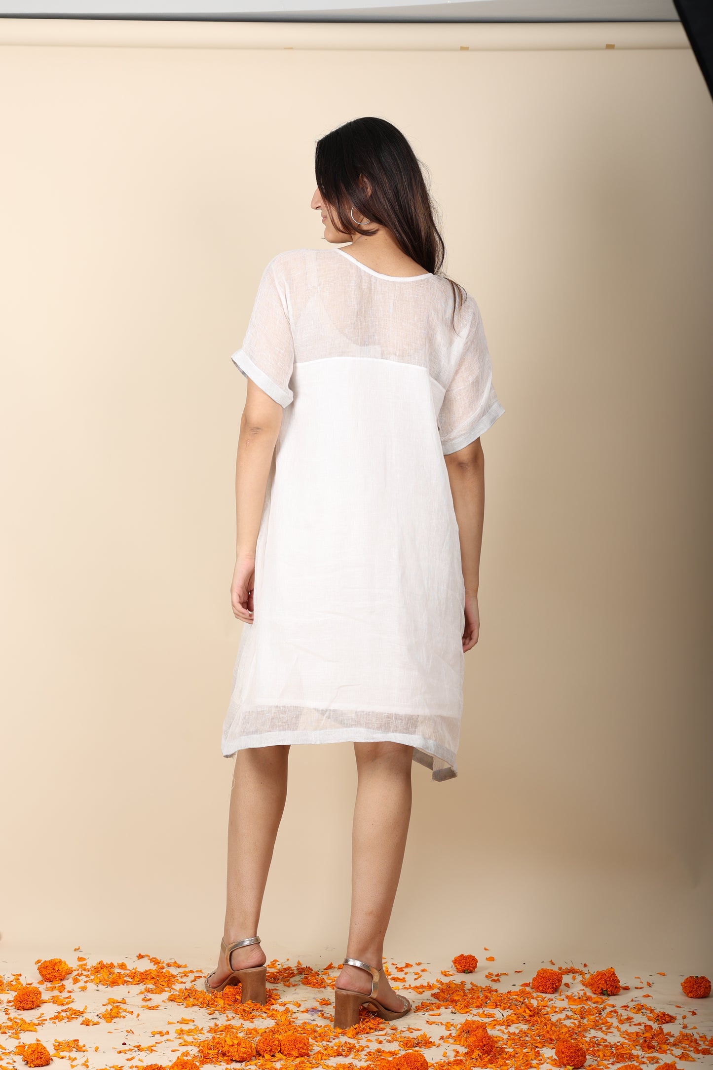Linen Zari Dress | Elegant White Zari Border Dress for Women