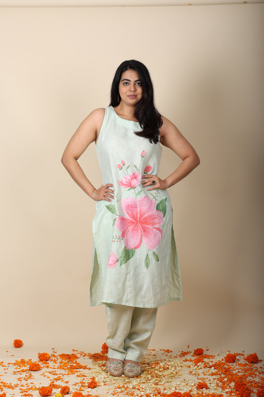 Green Hand-Painted Pearl Kurti