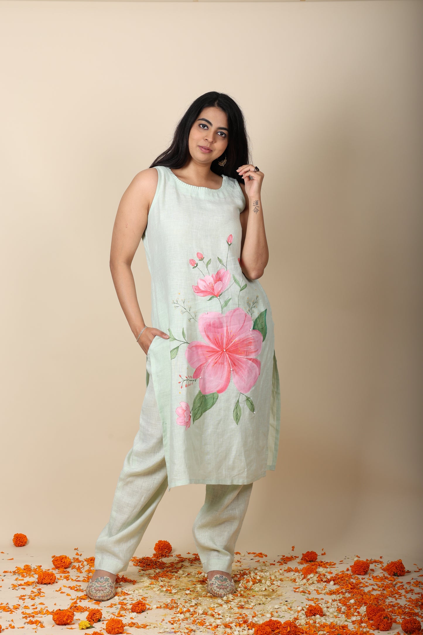 Green Hand-Painted Pearl Kurti