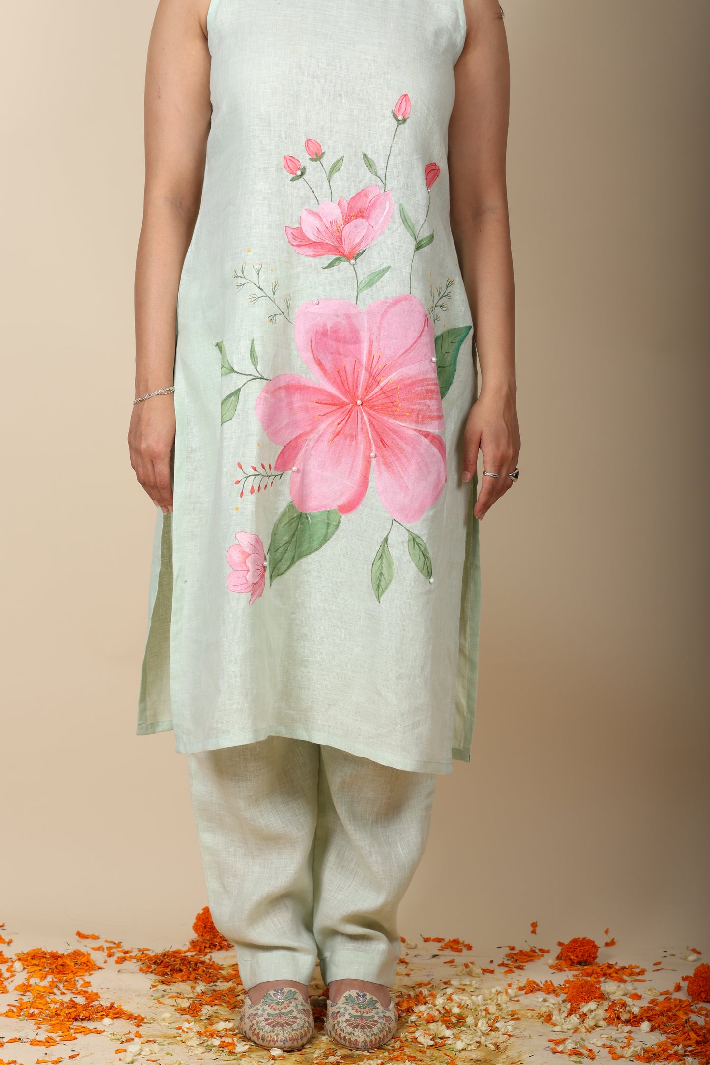 Green Hand-Painted Pearl Kurti