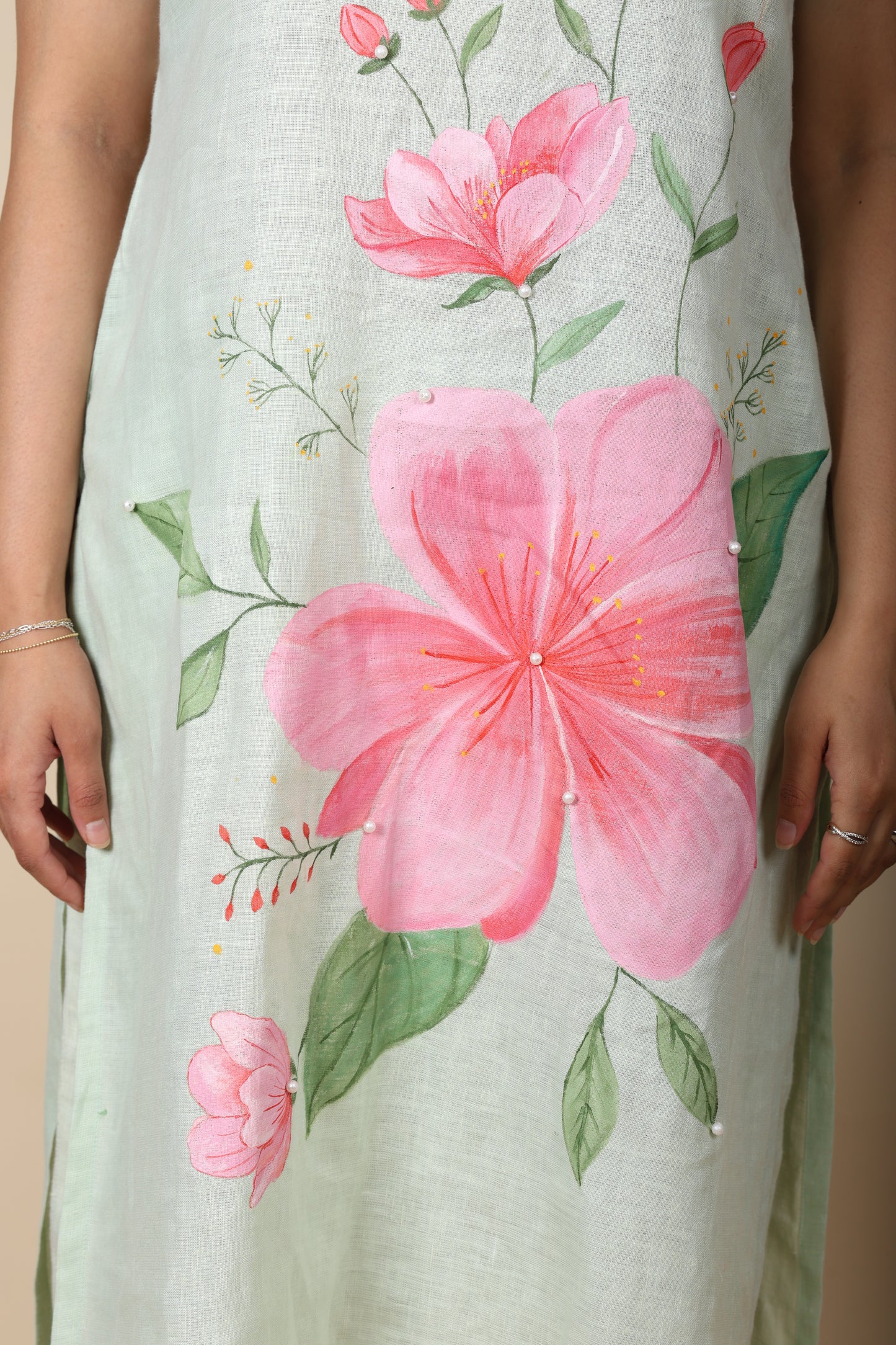 Green Hand-Painted Pearl Kurti