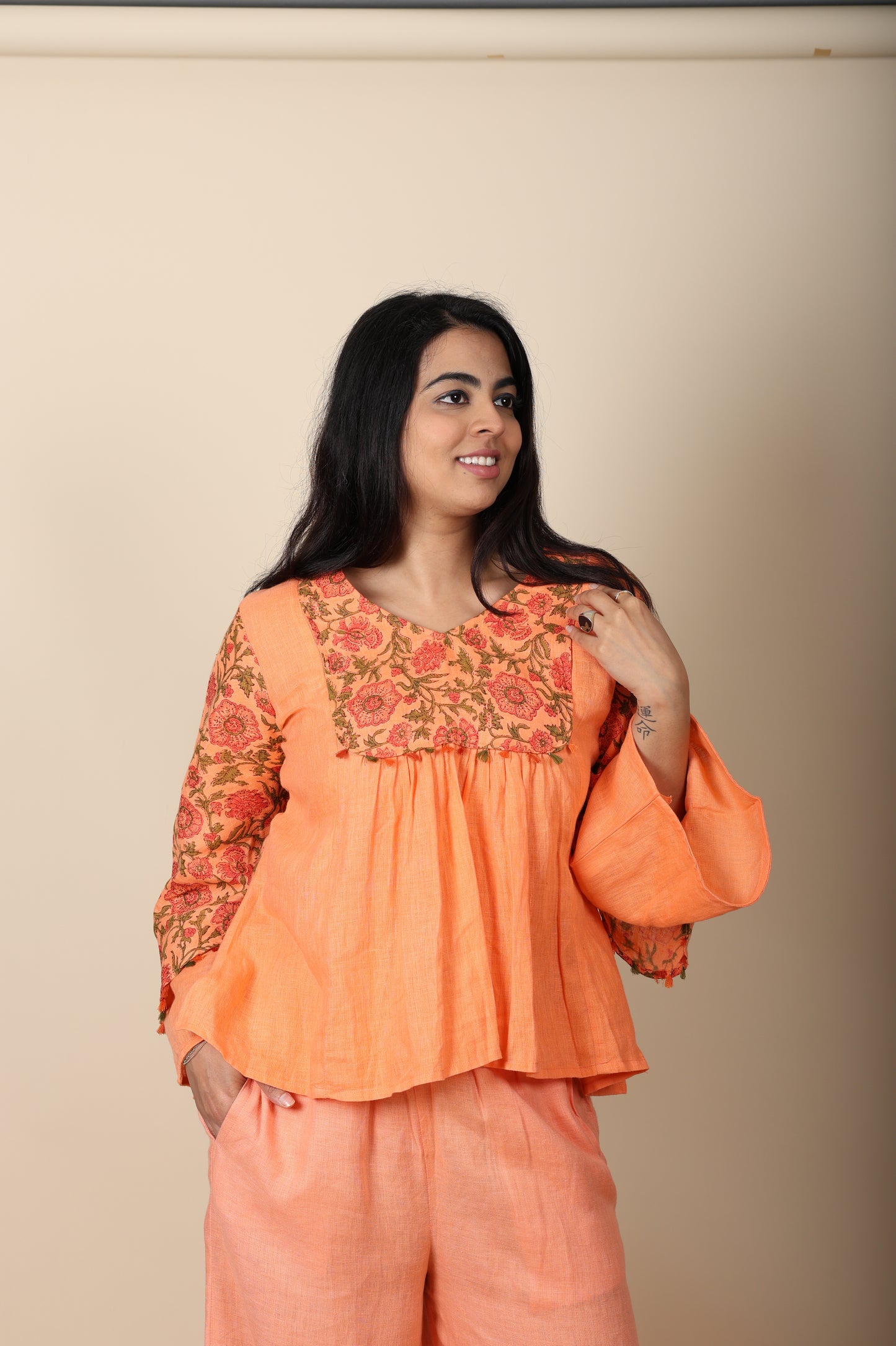 Orange Block Printed Cotton Top