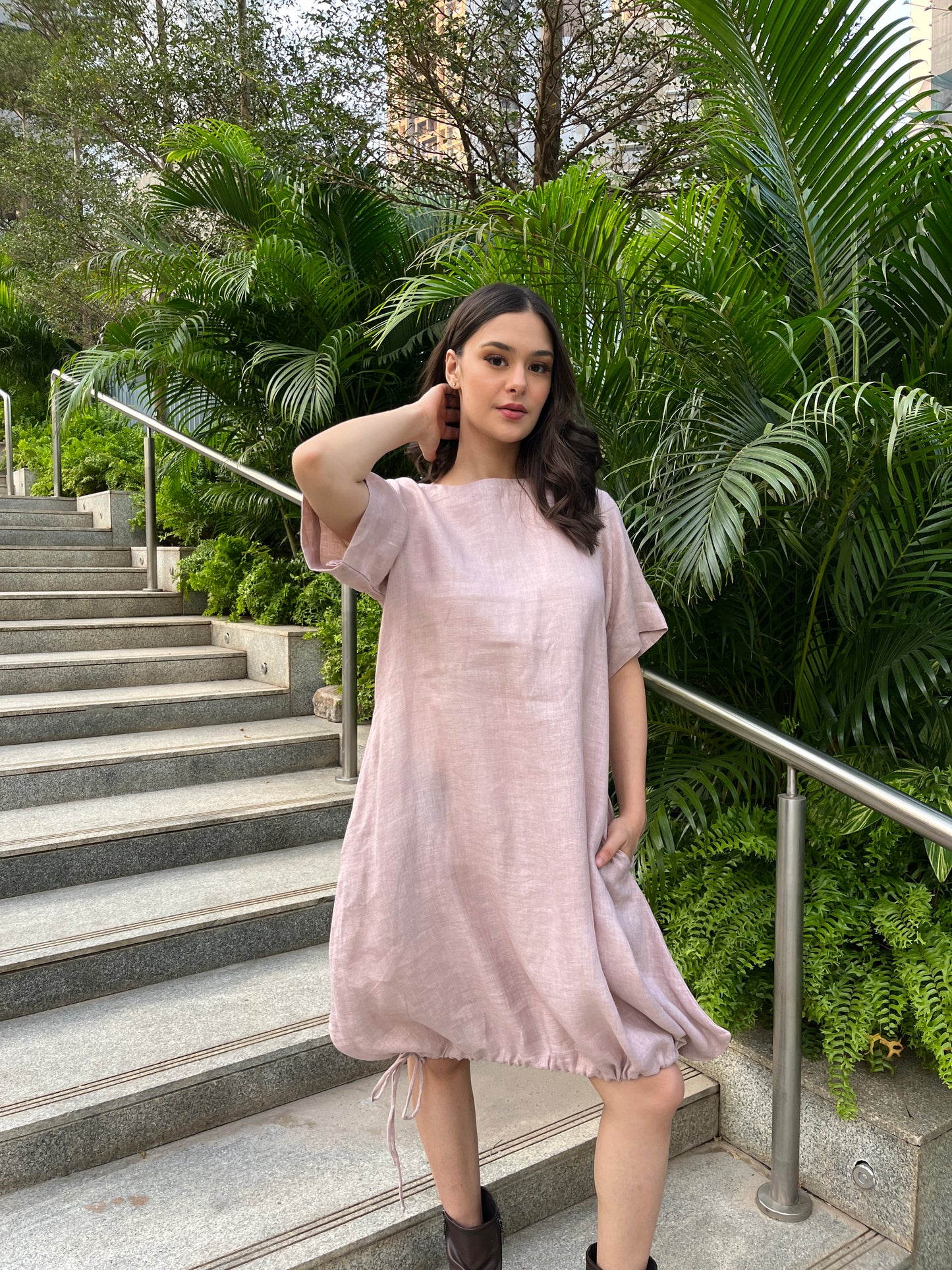 Wine Tie up Linen Dress