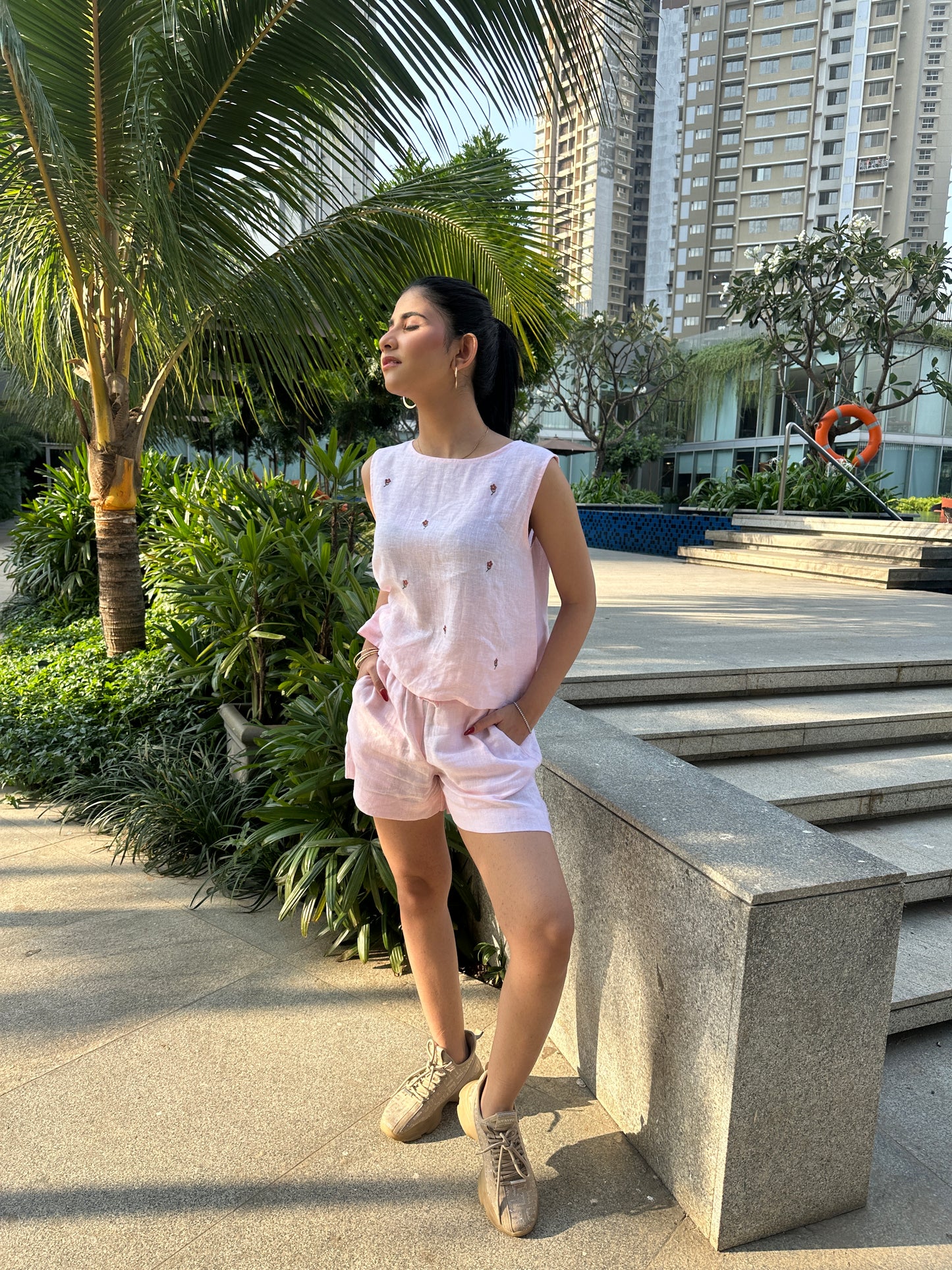 Linen Flower Co-ord Set  Pink  100% Linen Summer Two-Piece