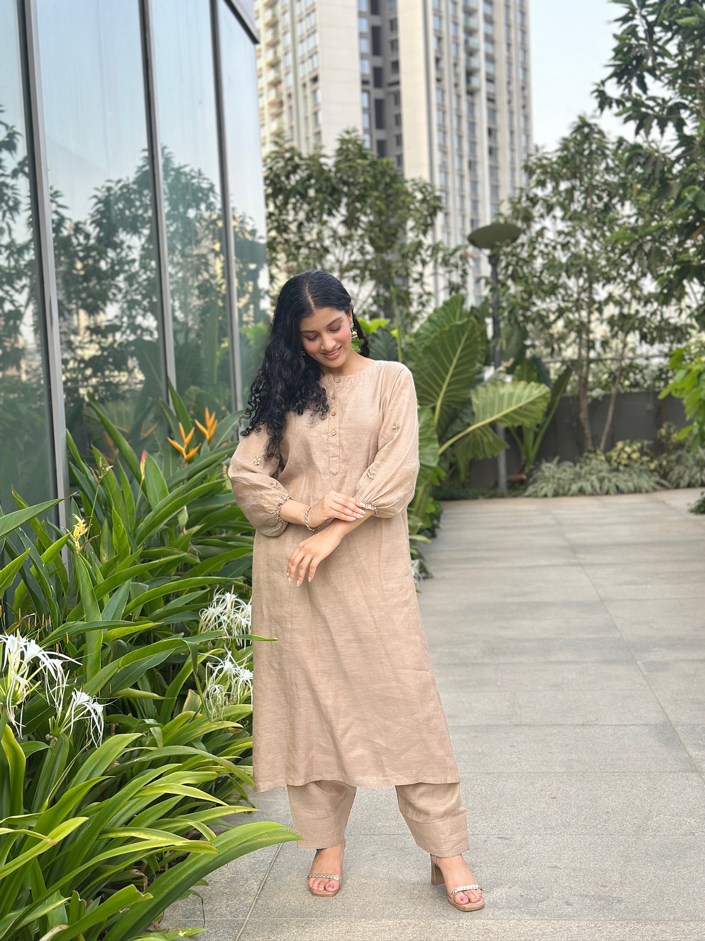 Brown Linen Tissue Kurti and Pant Set
