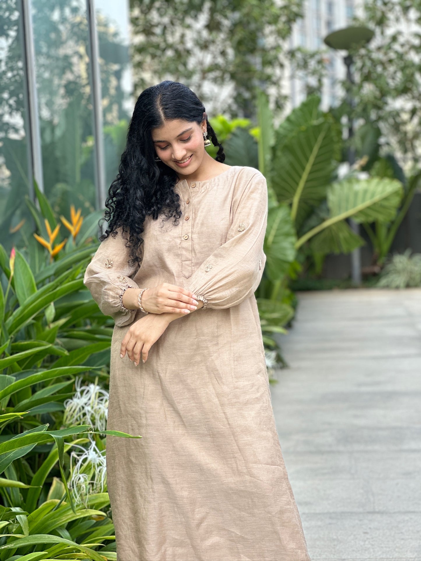 Brown Linen Tissue Kurti and Pant Set