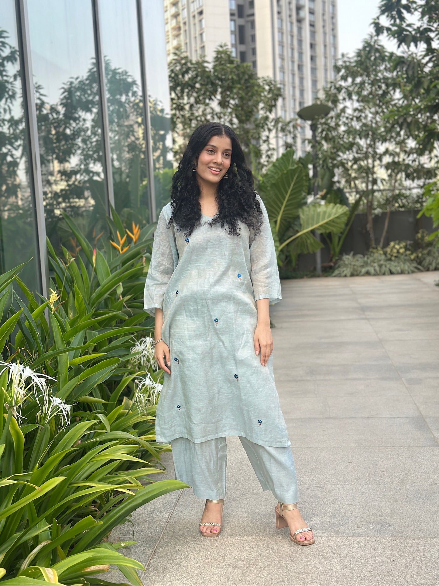 Blue Embroidered Kurti and Pant set