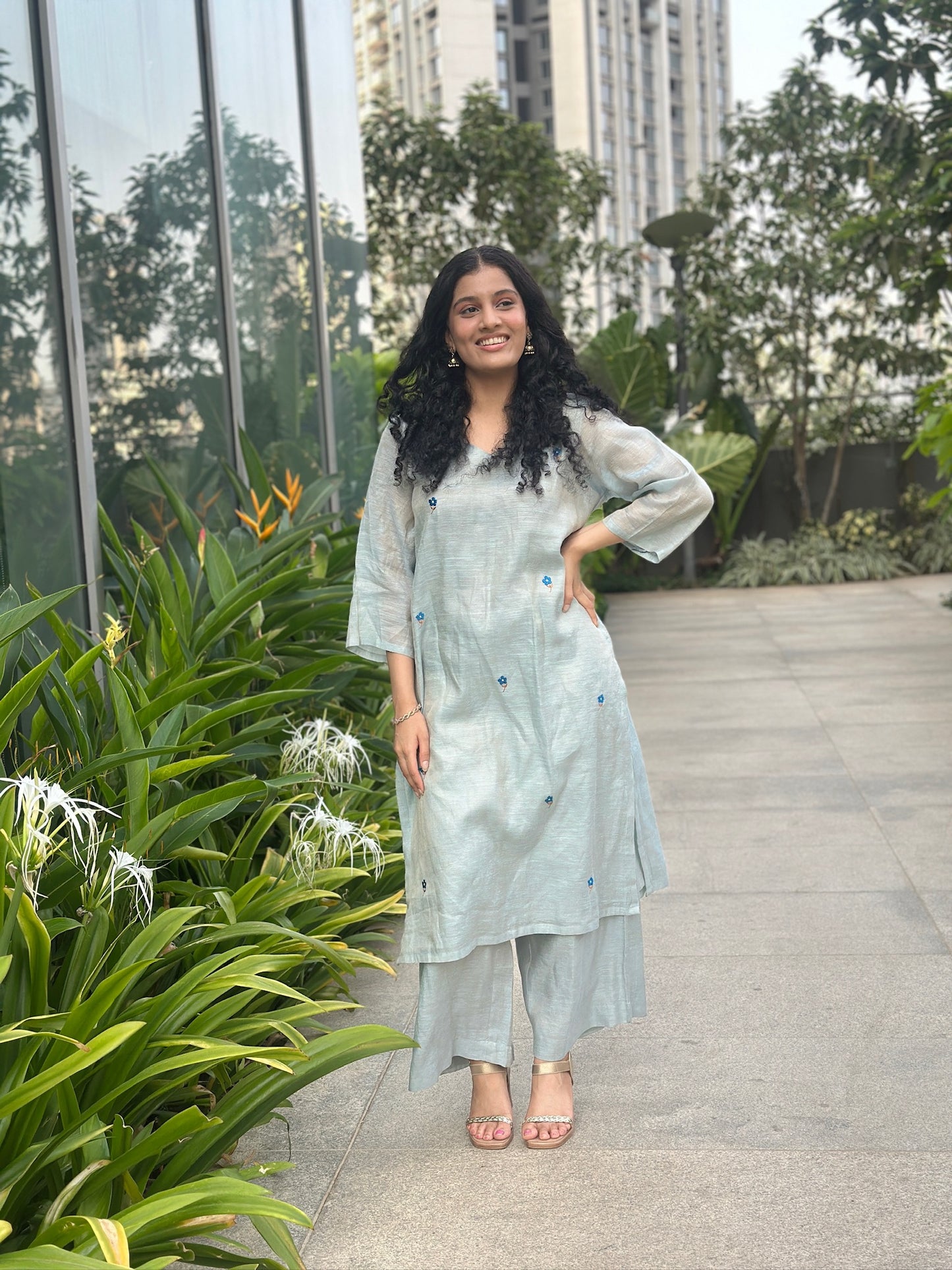 Blue Embroidered Kurti and Pant set