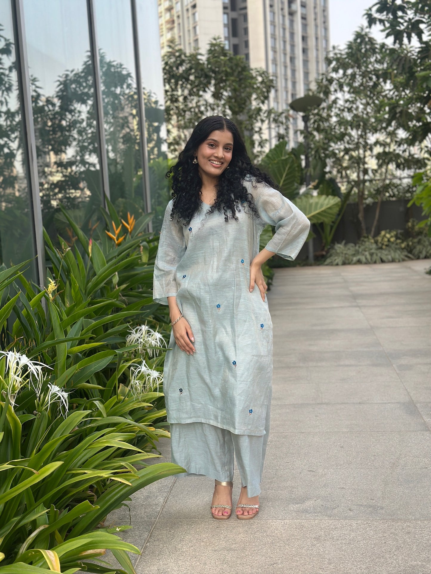 Blue Embroidered Kurti and Pant set