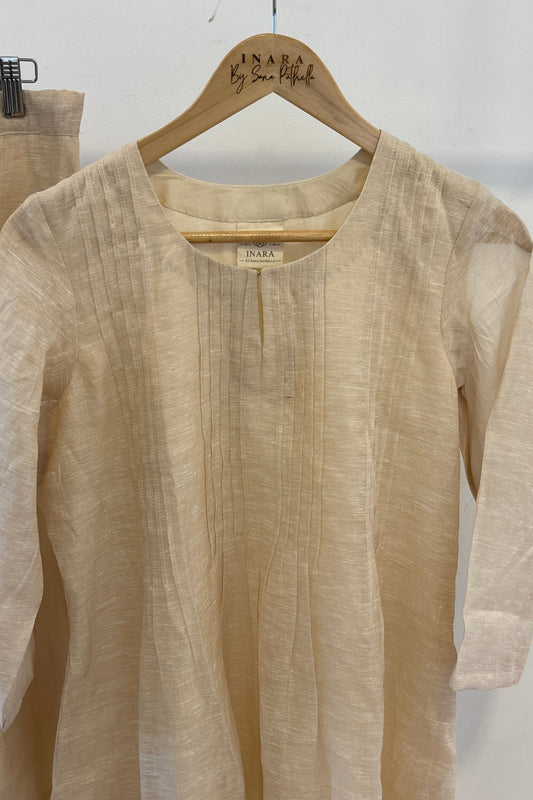 Off White Pintucks Linen Tissue Kurti Set