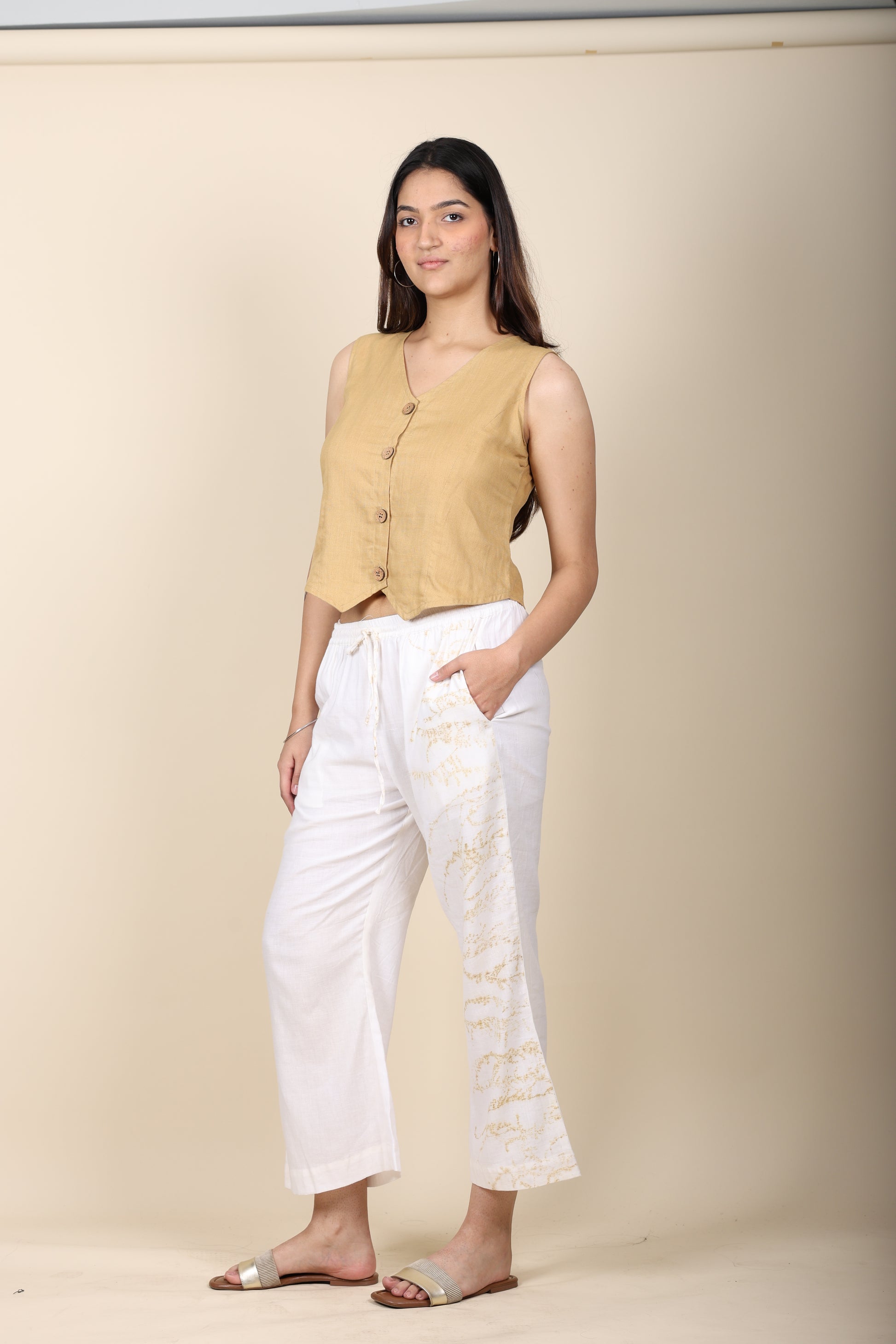 Khaki Vest with Eco Print Cotton Pants