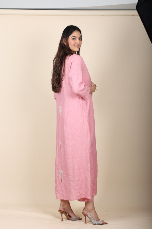Pink Linen Jacket & Pant Coord with Embroidery