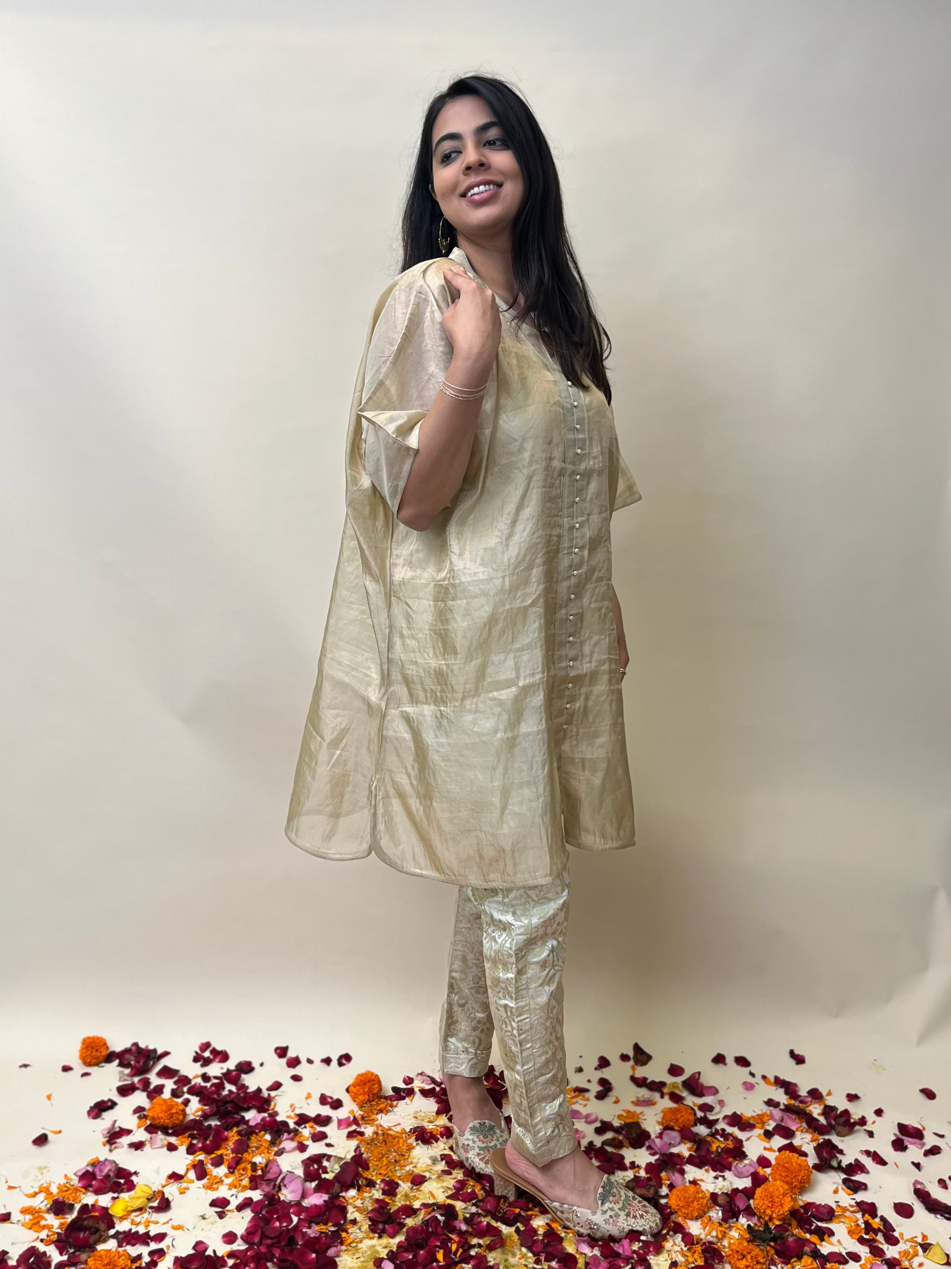 Tissue Long Top with Brocade Pants