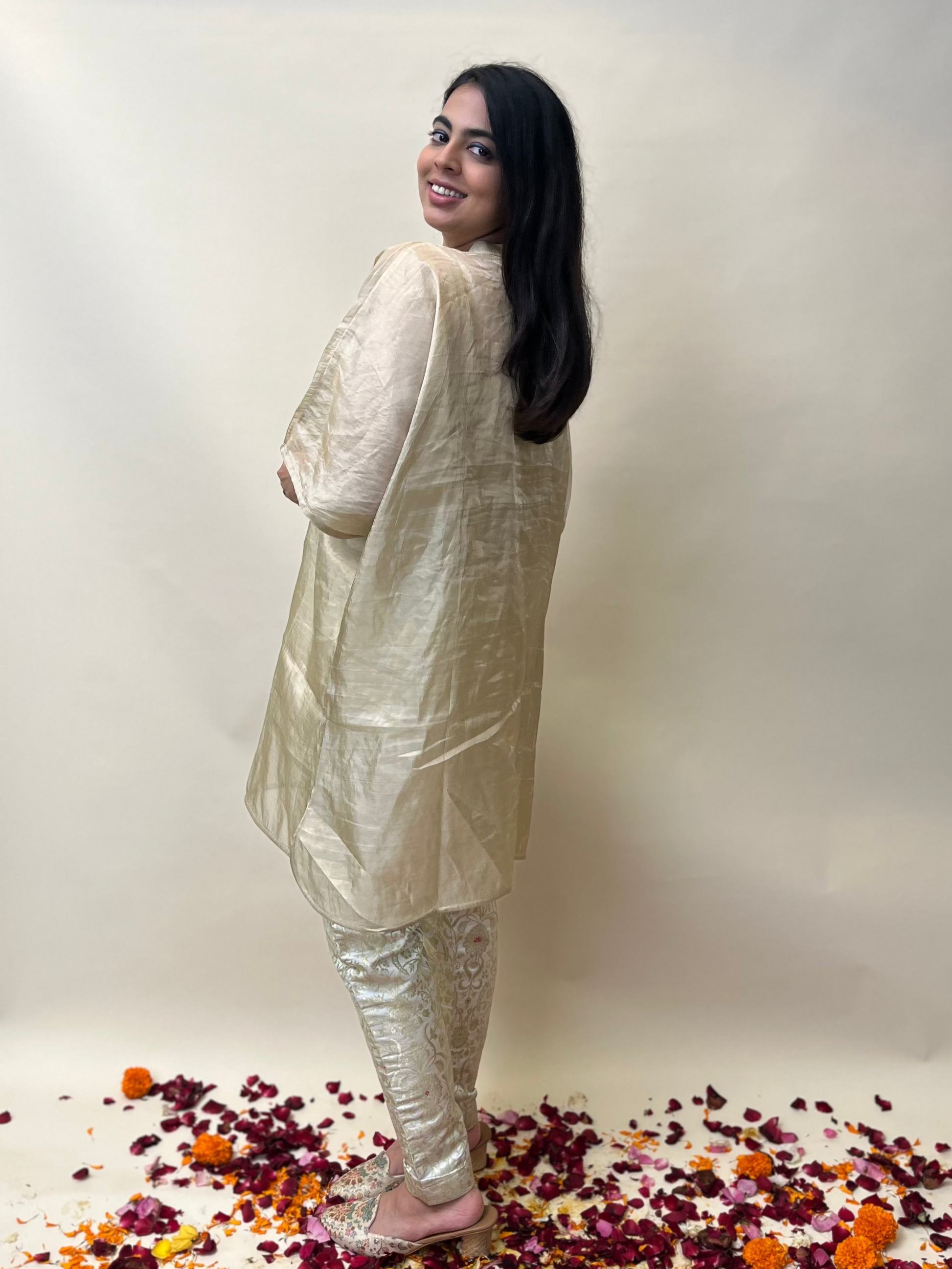Tissue Long Top with Brocade Pants