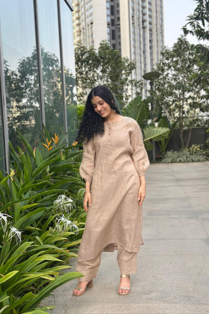 Brown Linen Tissue Kurti and Pant Set