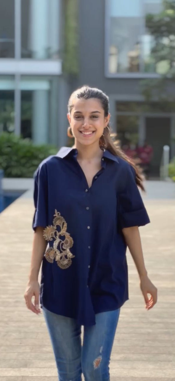Blue Cotton Shirt with zardosi work