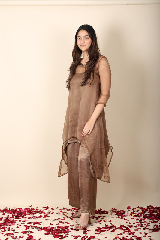 Women’s Brown Organza Satin Co-ord Set