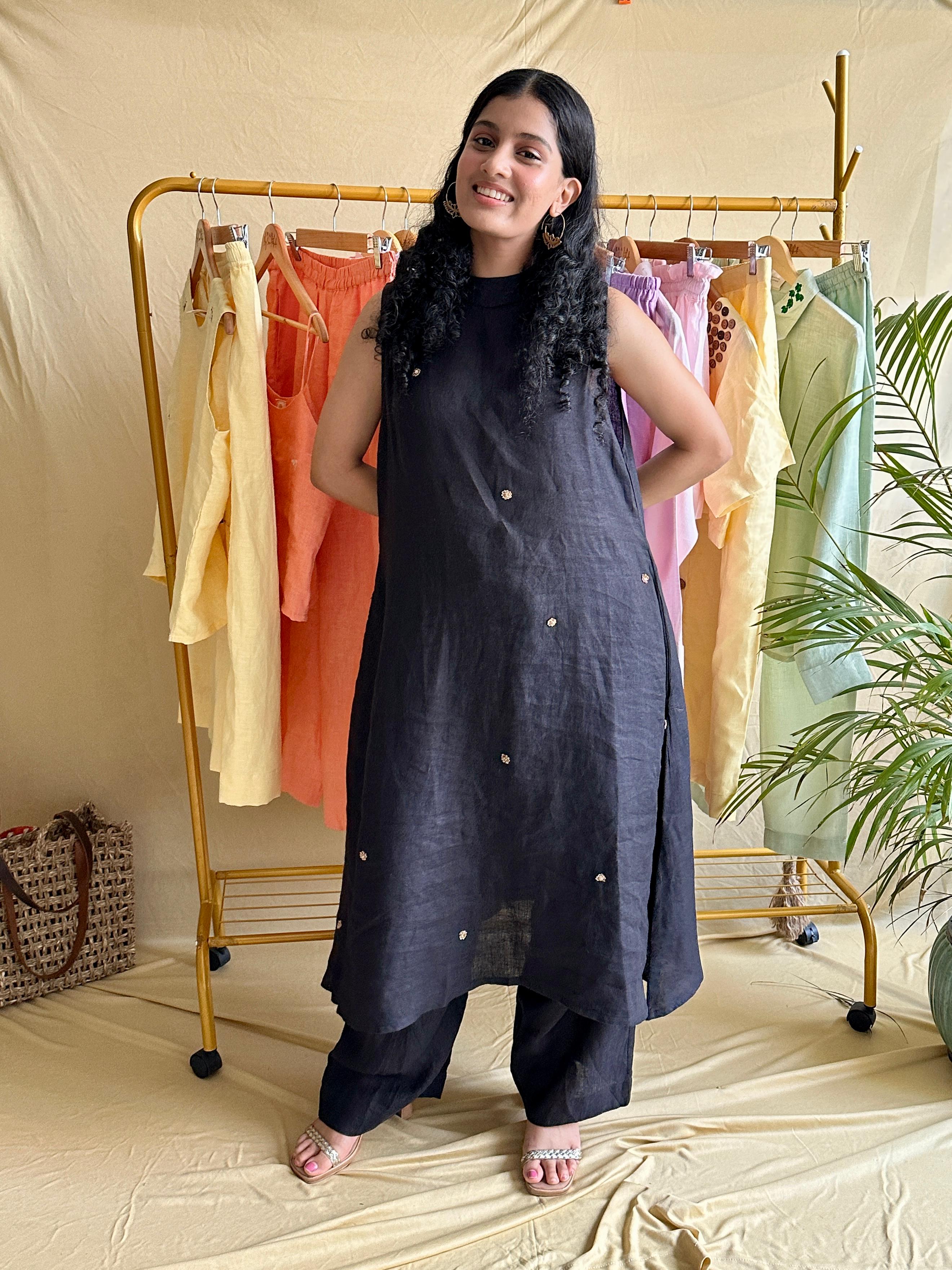 Black Linen Kurti Set with zardosi work