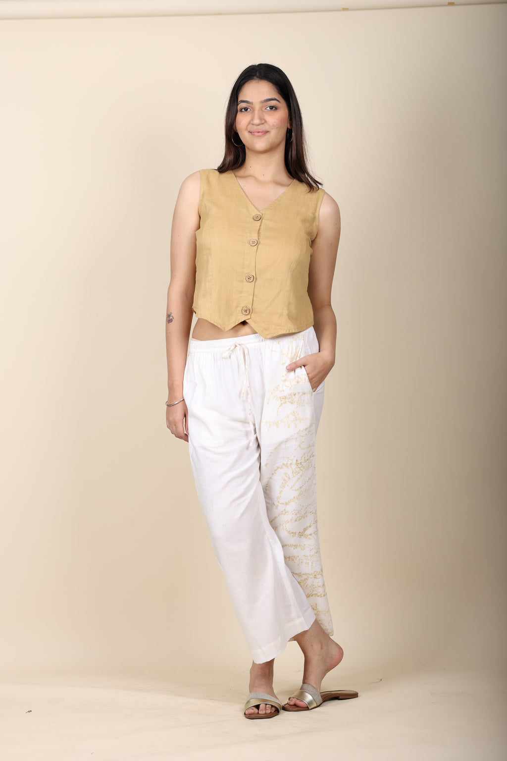 Khaki Vest with Eco Print Cotton Pants