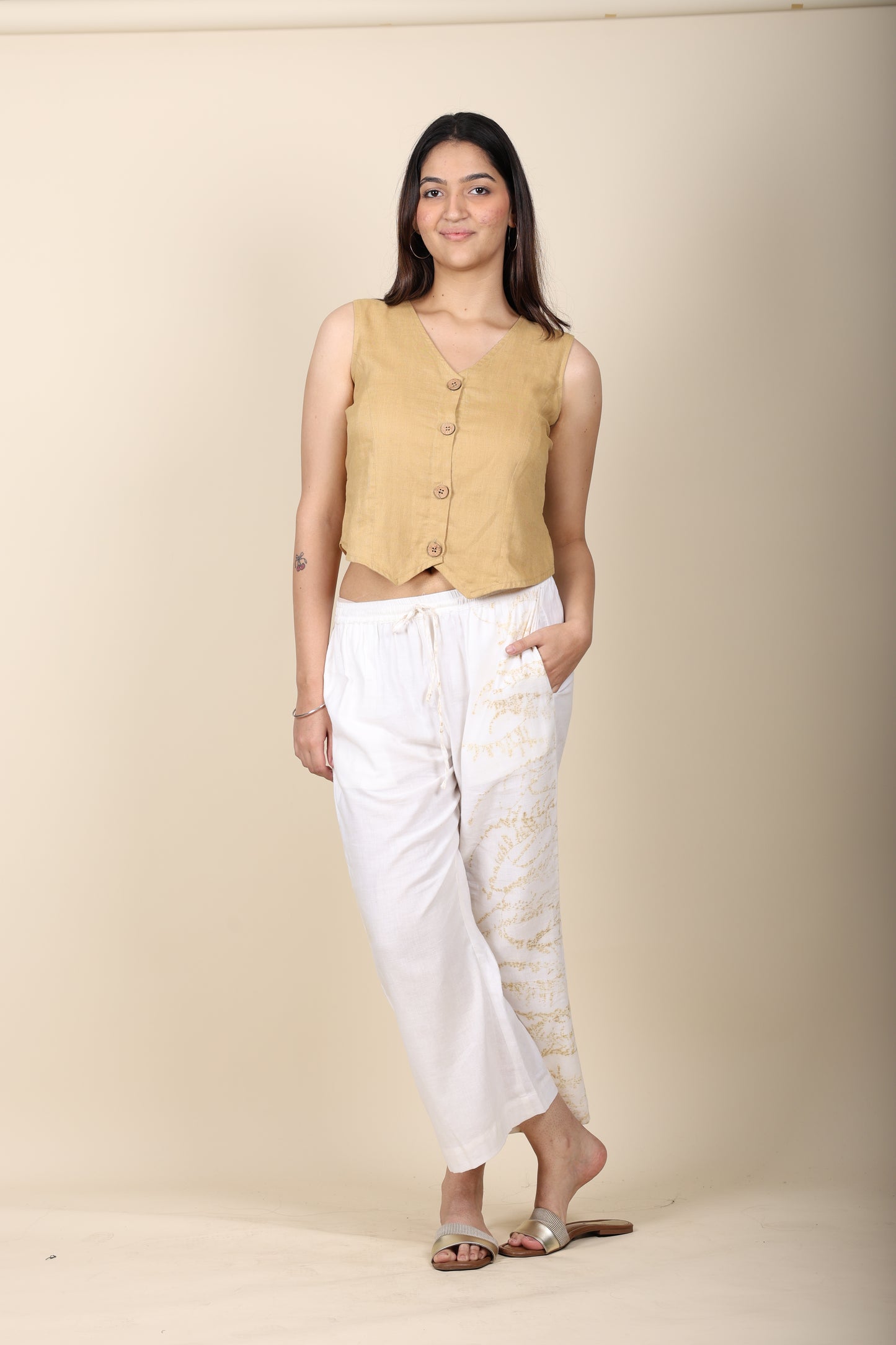 Khaki Vest with Eco Print Cotton Pants