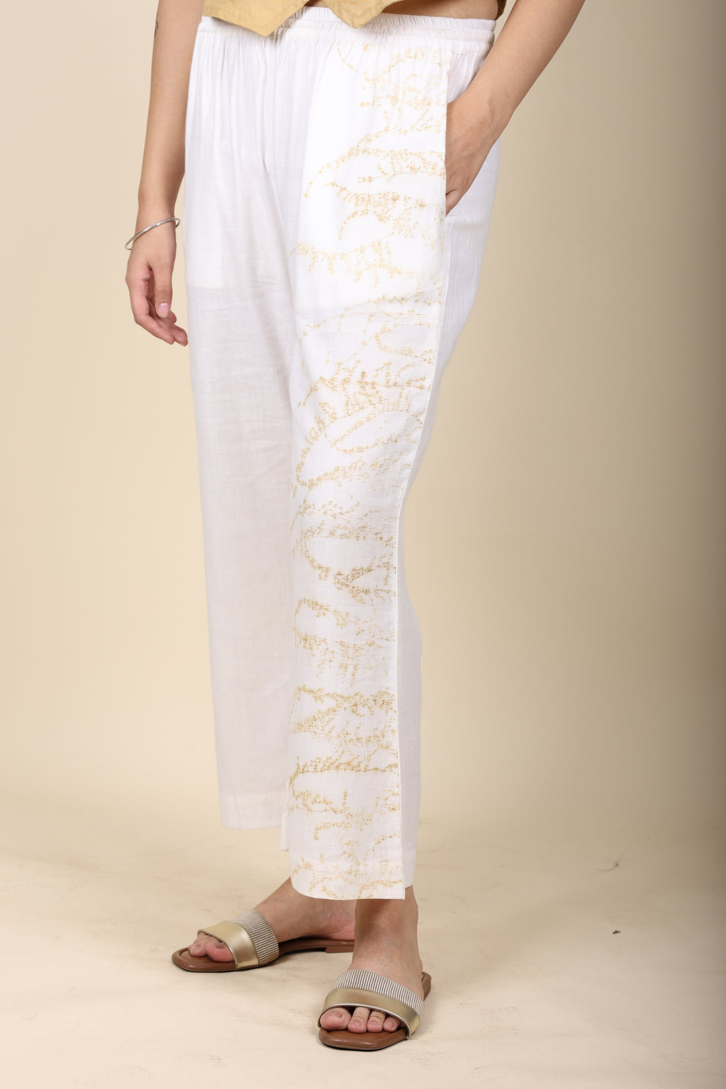 Khaki Vest with Eco Print Cotton Pants