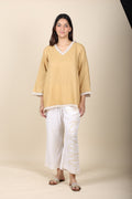 Khaki Linen crochet top with eco print cotton pant set