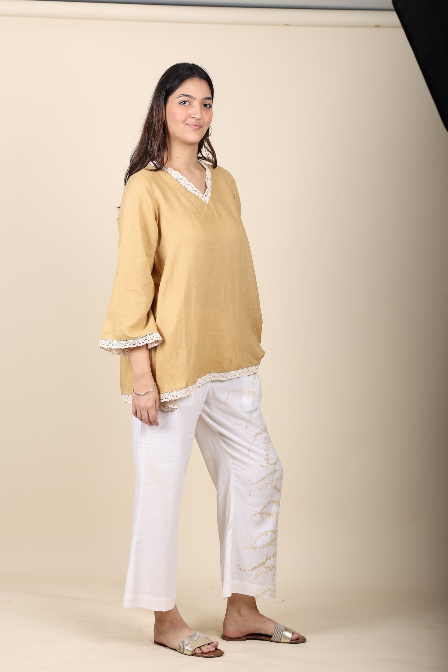 Khaki Linen crochet top with eco print cotton pant set