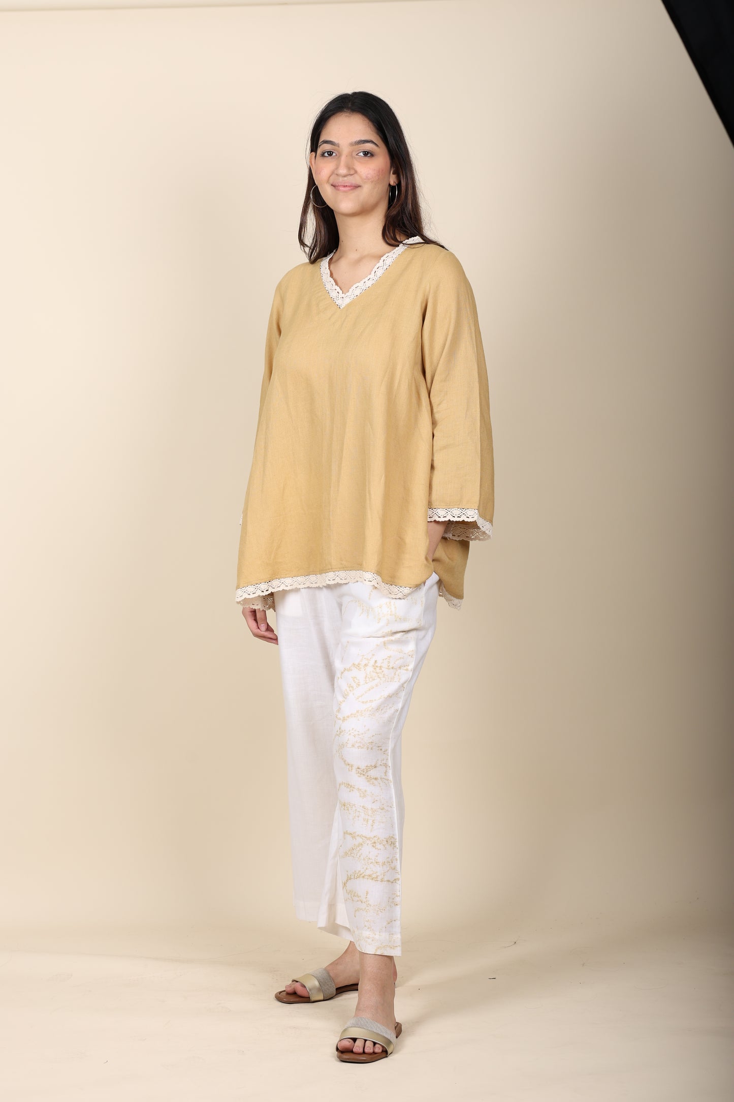 Khaki Linen crochet top with eco print cotton pant set