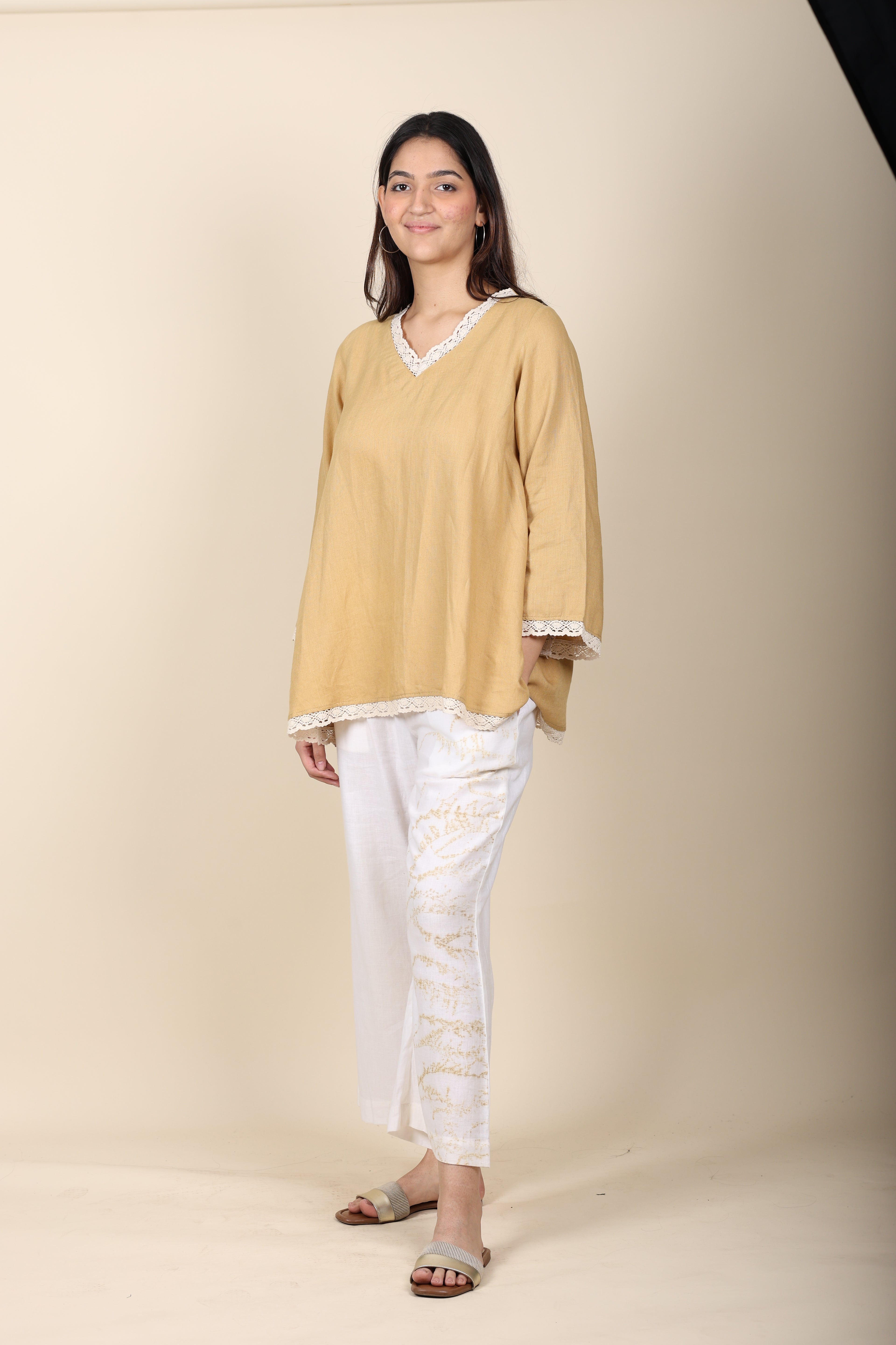 Khaki Linen crochet top with eco print cotton pant set