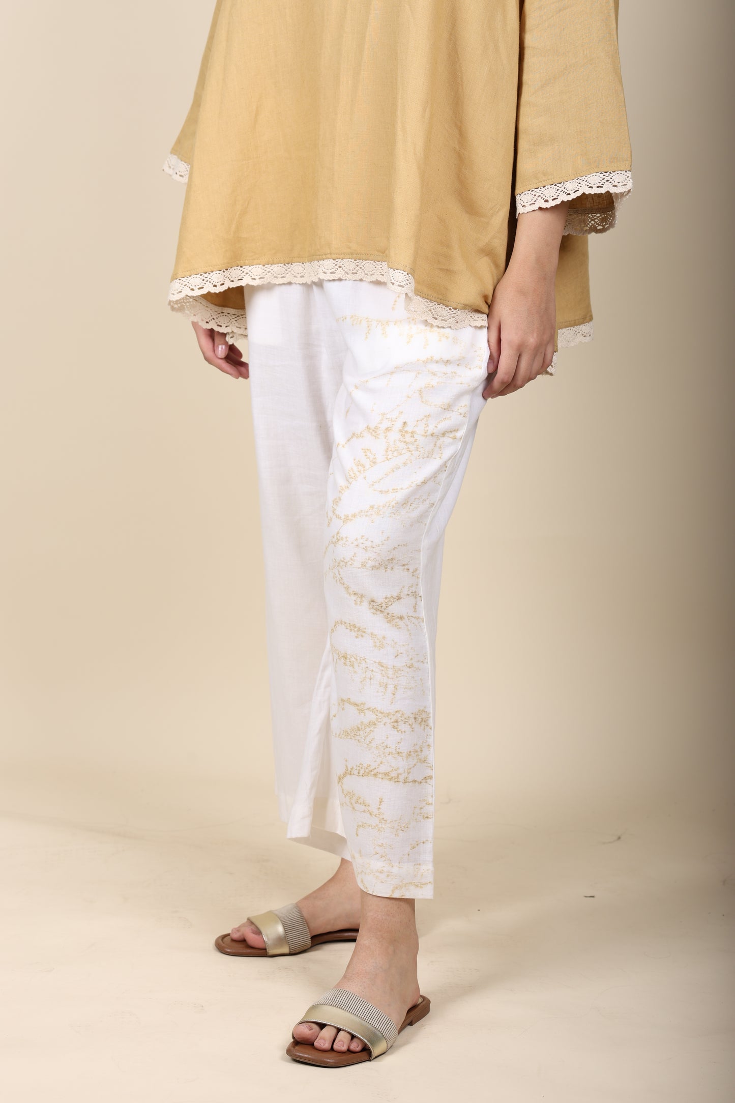 Khaki Linen crochet top with eco print cotton pant set