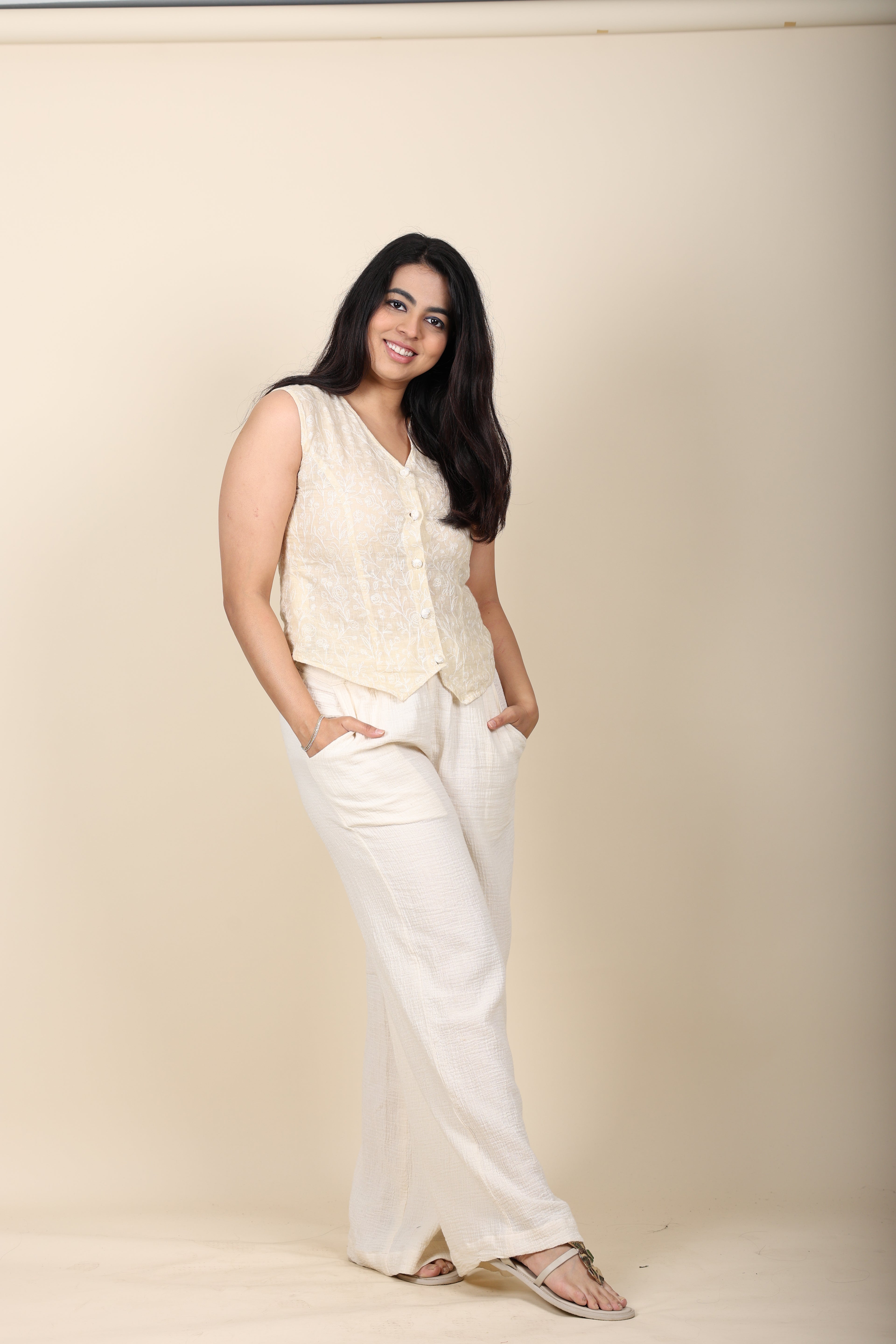 Linen Embroidered Top with Cotton Gauze Pants