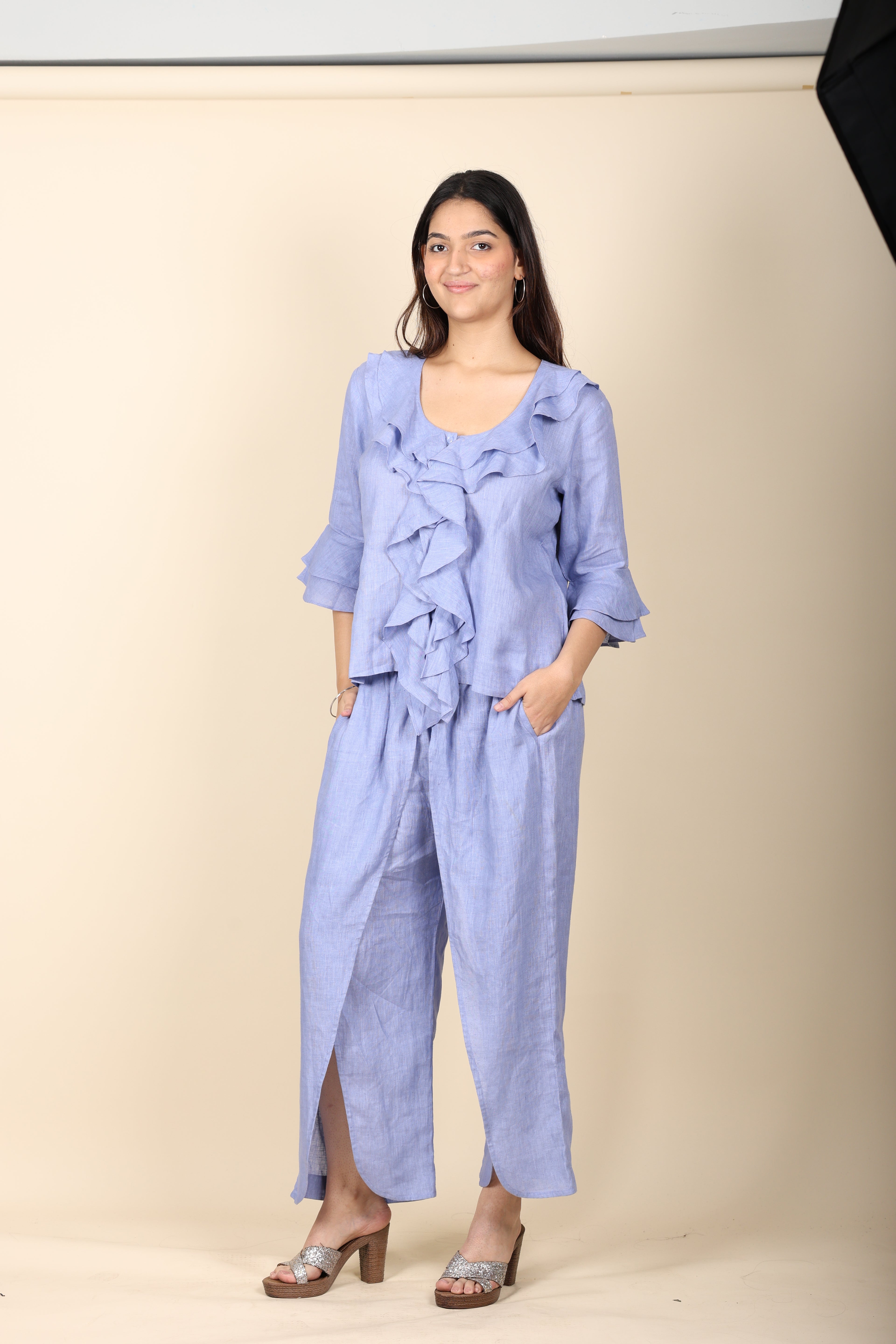 Blue Linen Frill Coord Set