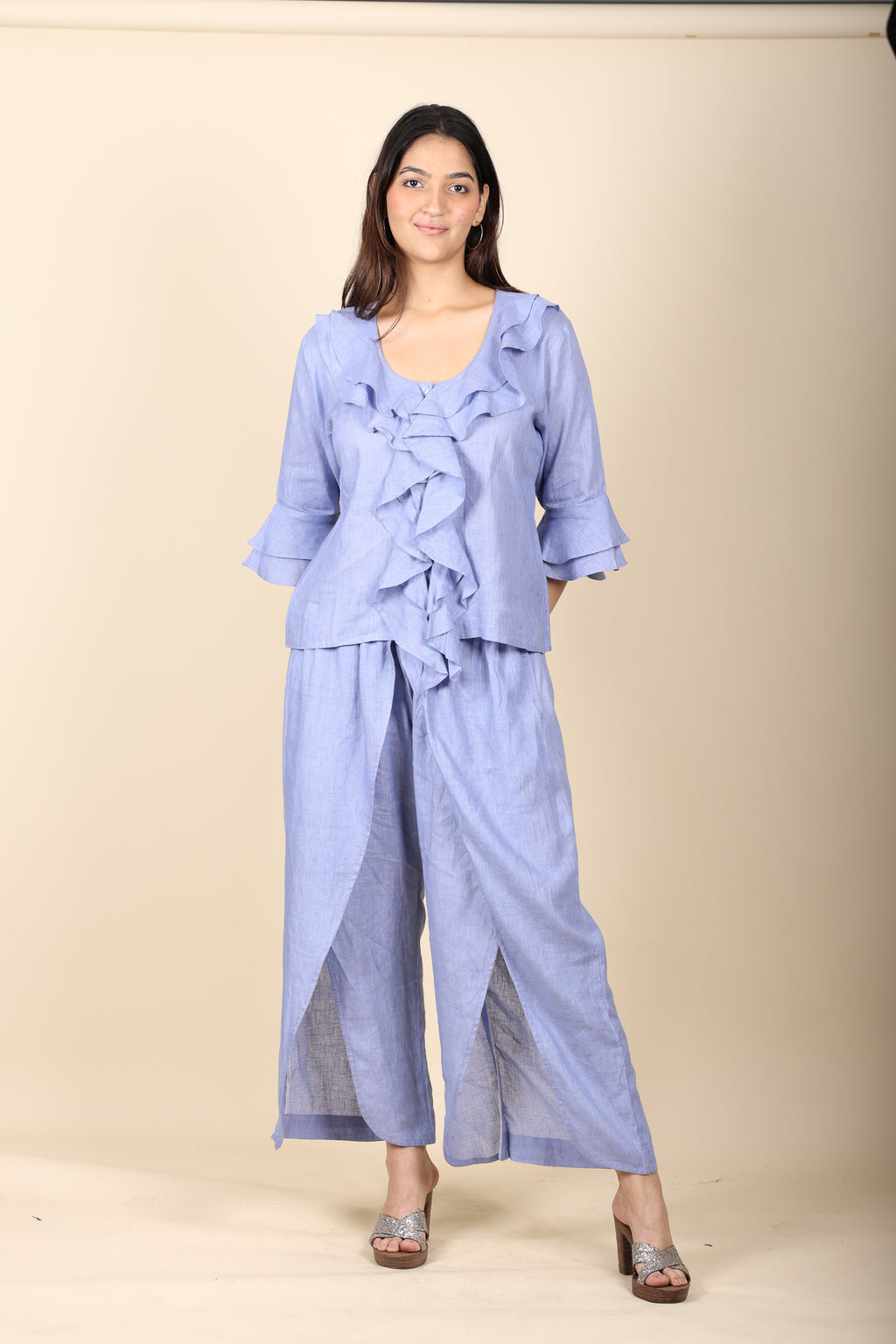 Blue Linen Frill Coord Set